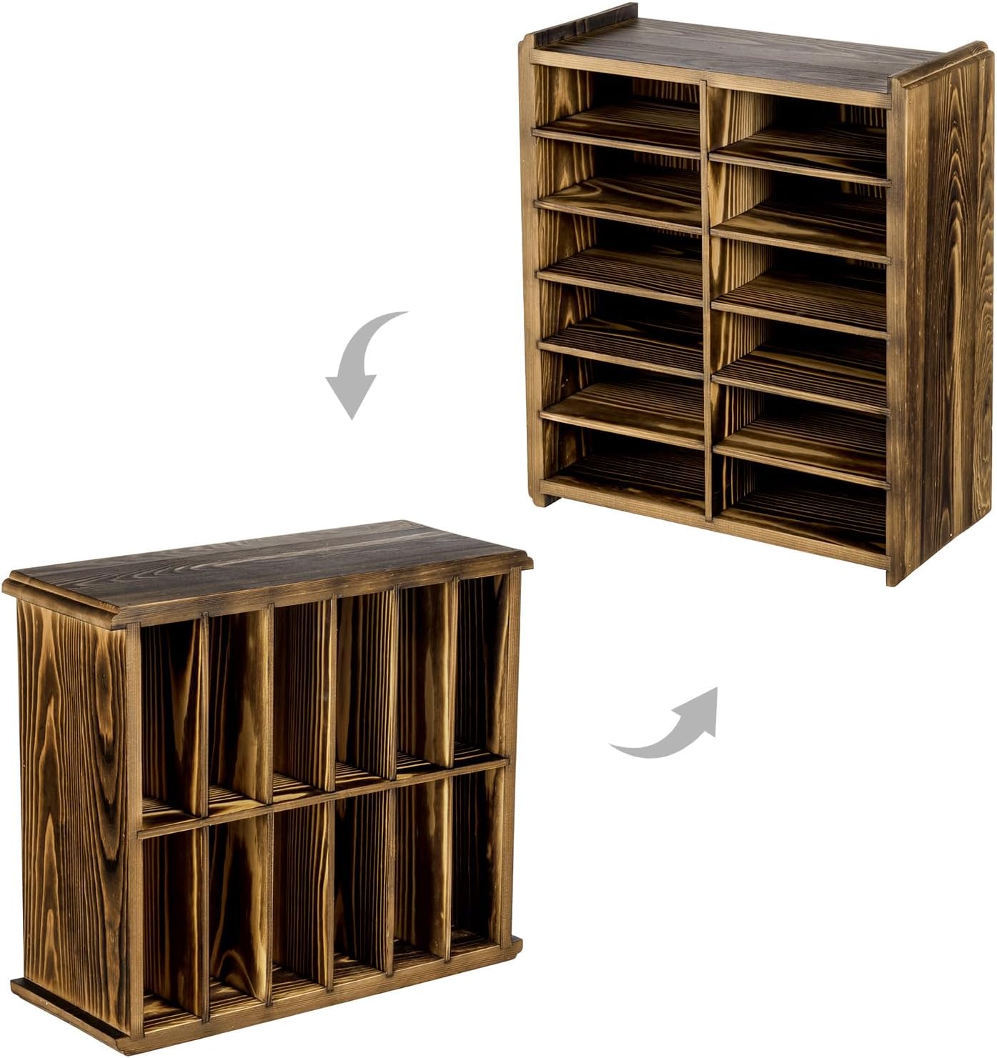 MyGift 12 Compartment Rustic Burnt Solid Wood Wall Mounted Dual Display Martial Arts Belt Holder with Top Trophy Storage Shelf in Horizontal or Vertical Mount