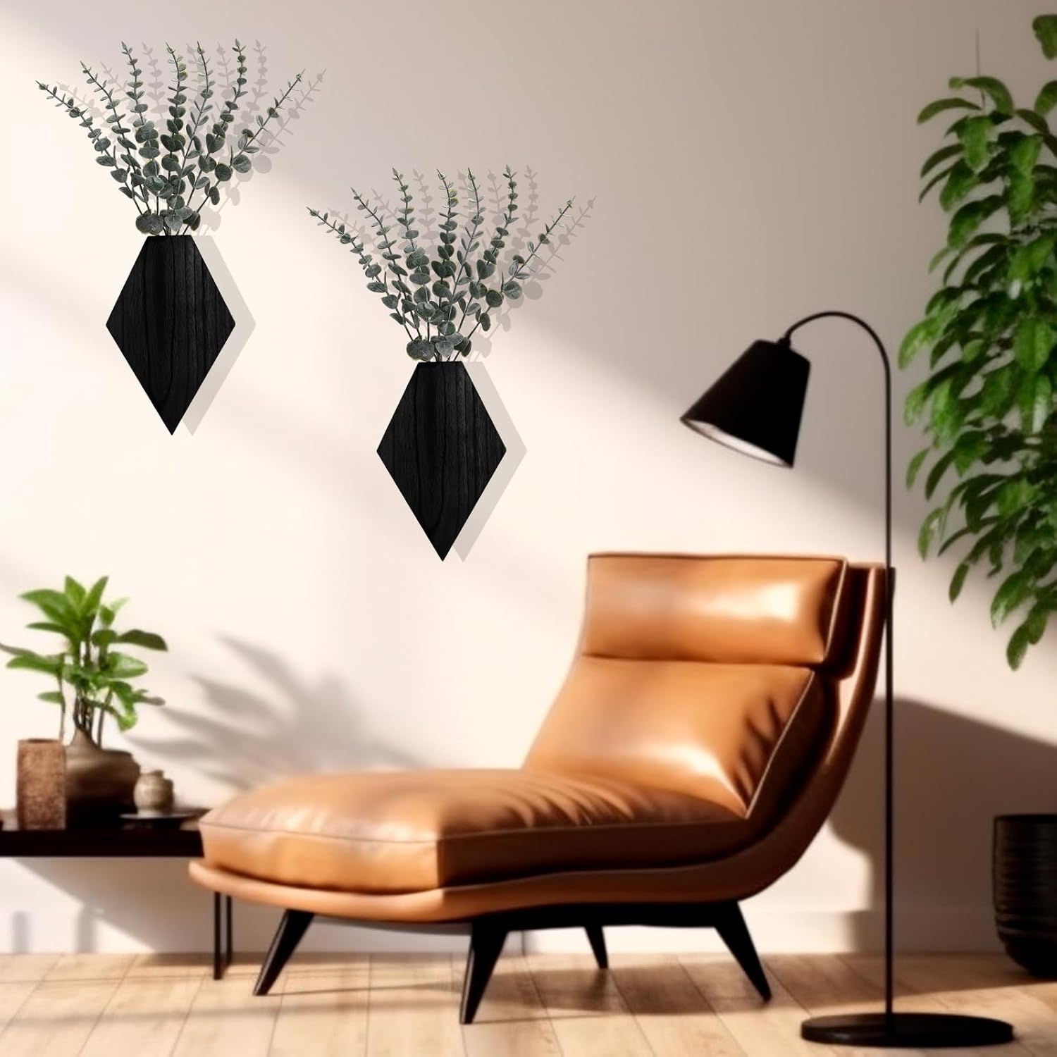 Chunful 2 Pcs Wooden Wall Planter Decor Hanging Faux Plants Greenery Flowers Holder Vase Boxes for Wall Bohemian Farmhouse Room Kitchen Office Indoor Decoration (Black,9.8 x 6.6 x 1.2 Inches)