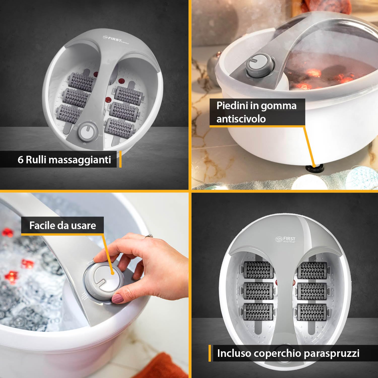 TZS First Austria - Pediluvio Massaggiatore - 450W - 3 Impostazioni & 6 Rulli Massaggianti - Idromassaggio Plantare Elettrico con Riscaldamento - Maniglia & Box Aroma