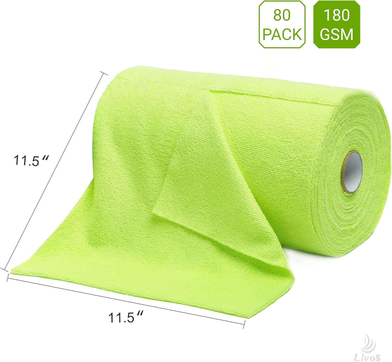 LIVOS Microfiber Cleaning Cloth Roll - 80 Pack, Reusable Paper Towels Green Tear Away, Microfiber Towels for Car, Super Absorbent Lint Free Cleaning Rags for House, Kitchen, Window-11.5"x11.5"