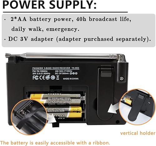 Miniatura 9 de Radio portátil AMFMonda corta, radios de bolsillo con pilas, pantalla digital grande, radio reloj con alarma y función de sueño, auriculares