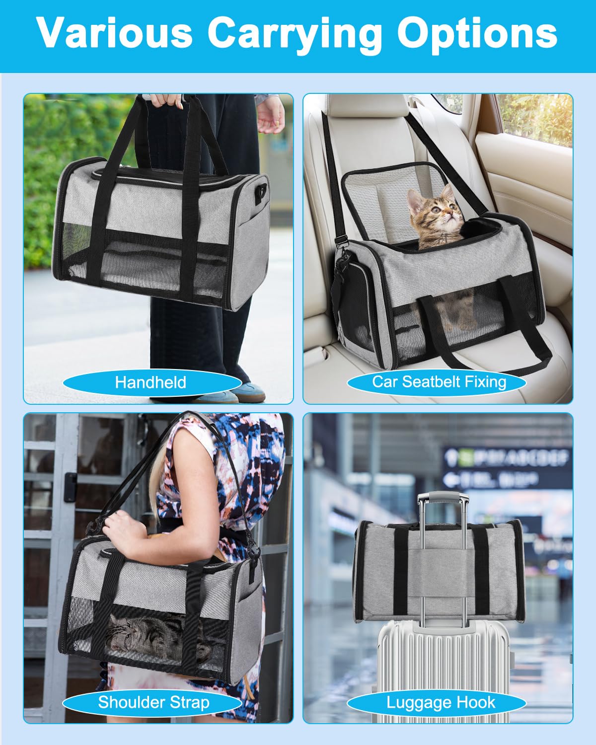 Katzentasche Transporttasche,Katzentragetasche Leicht, Belüftete Katzentransportbox für Reisen,Auto,Tierarzt, bis 6 kg,Tragbar Faltbare Haustier Tragetaschen mit Schultergurt