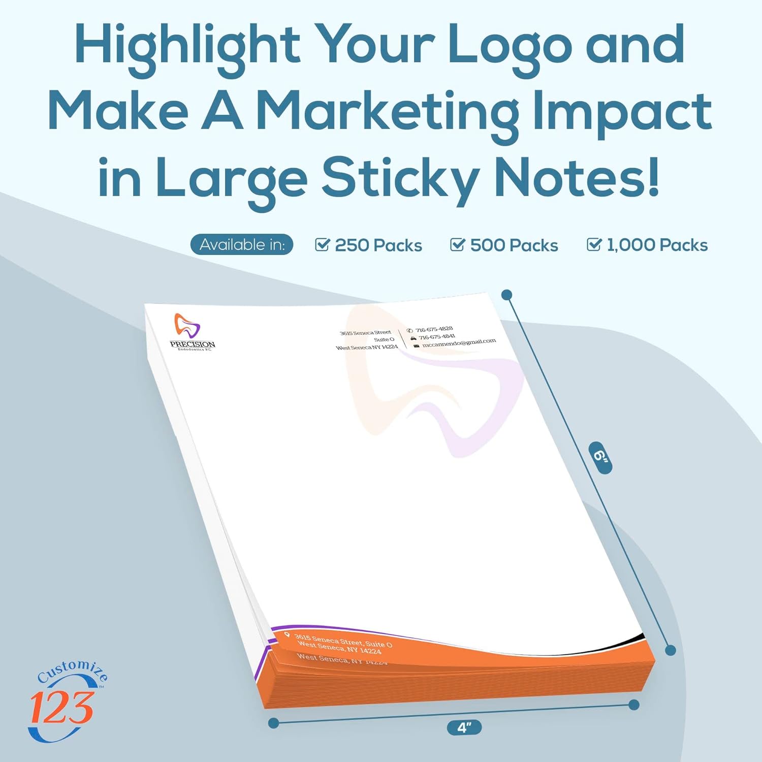 Personalized Sticky Notes 4" x 6" with Text or Logo, Custom Note Pads, to Do List Memo Pads, Adhesive Notepad, 25 Sheets, for Office, School, Business Marketing or Party Supplies, 250 Qty