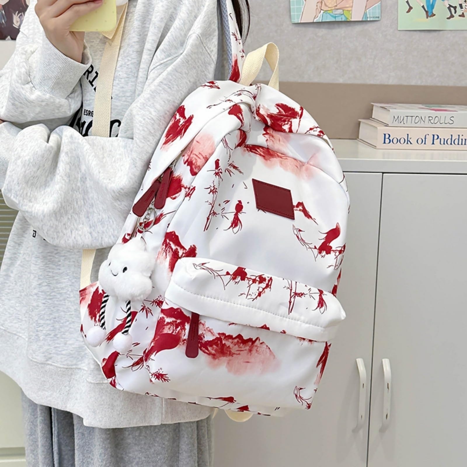 Zaino Inchiostro Paesaggio Stampa Nylon Zaino, Harajuku Stile Grande capacità Borsa Scolastica per Le Donne Uso Giornaliero di Viaggio-Gray