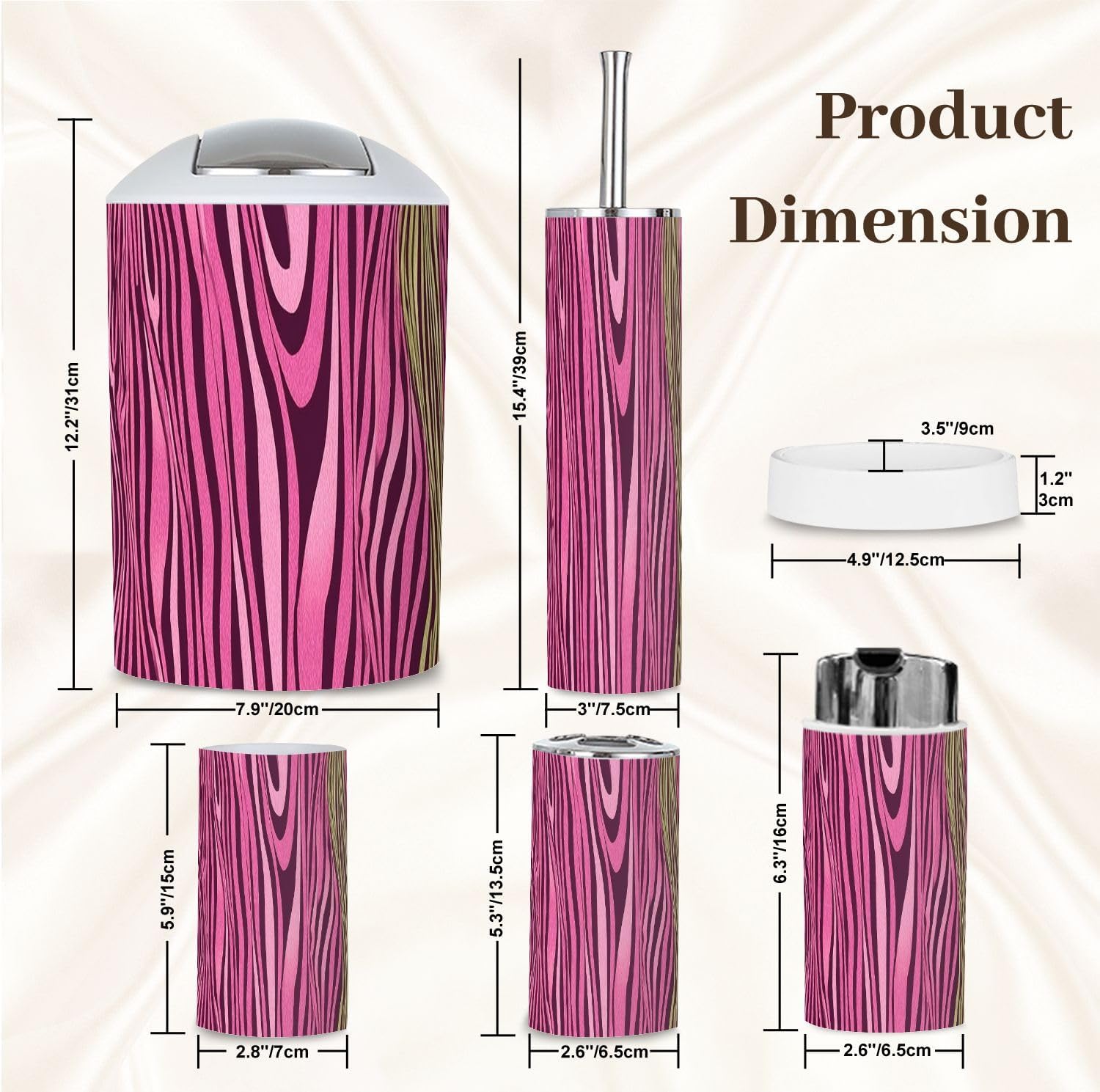 Bathroom Accessory Set 6 Piece Trendy Pink Zebra Trash can, Toothbrush Holder, Soap Dispenser, Soap Dish, Toothbrush Cup, Toilet Brush Holder