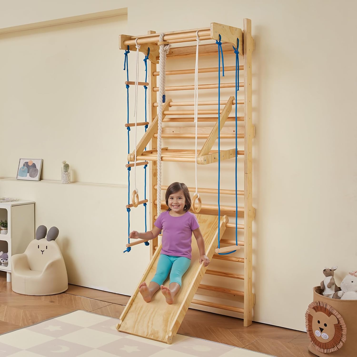 VEVOR Swedish Ladder Wall Gym, 10-Level Solid Wood Indoor Jungle Gym, 220lbs Loading Indoor Playground Climbing Ladder for Kid Adults, Gymnastic Stall Bars with Pull-Up Bar - Ideal Gift for Boys Girls