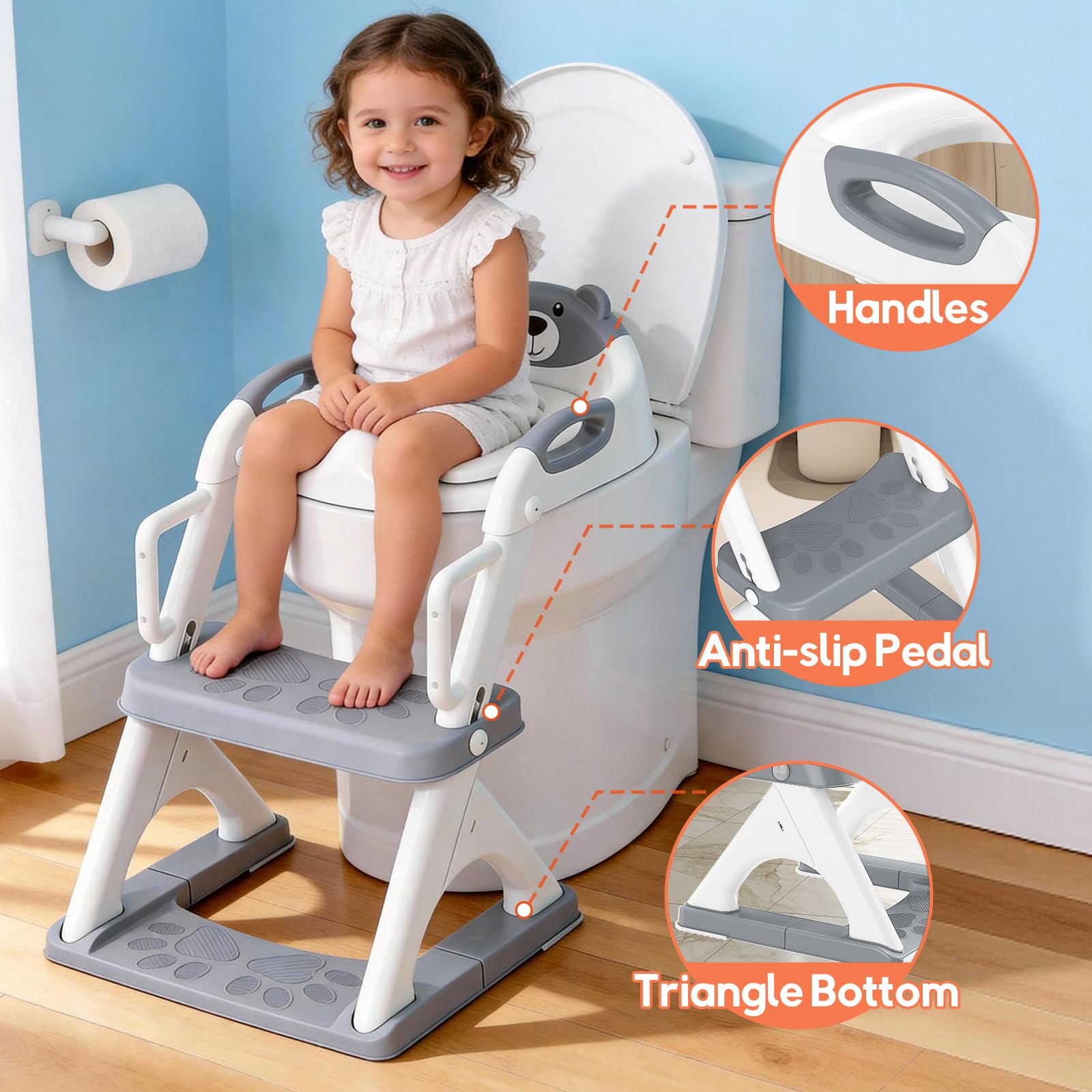 SKYROKU 8899Pro - Sedile WC per bambini, ragazzi e ragazze, 2 in 1, con paraspruzzi, antiscivolo, più sicuro e comodo (8899Pro, grigio)