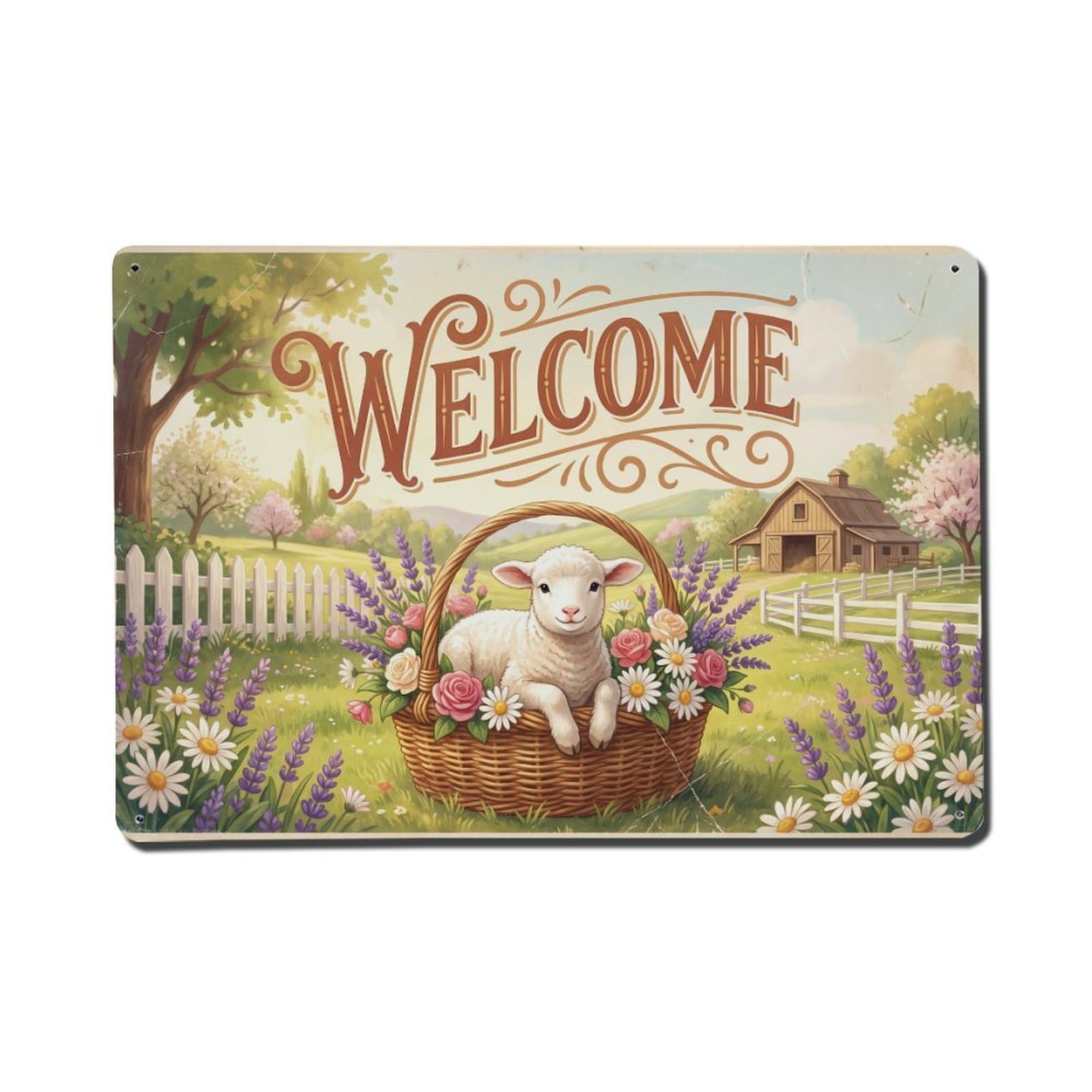 Vintage Welcome Lamb Flower Basket Metal Tin Sign