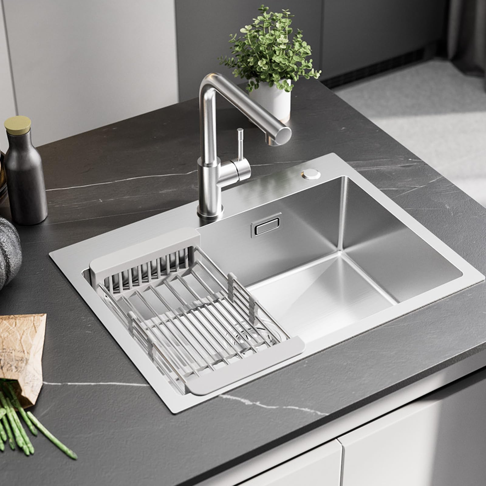 SUS 304 - Lavello da cucina da 60 x 45 cm, moderno lavello da incasso, rettangolare, in acciaio inox, per sottolavelli a partire da 60 cm, con 2 fori per rubinetto e sifone