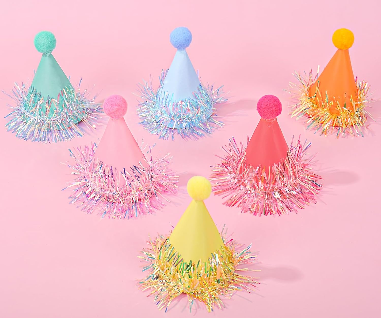Whaline 24 Pcs Iridescent Foil Mini Birthday Party Hats with Pom Poms Paper Cone Hat Colorful Photo Prop