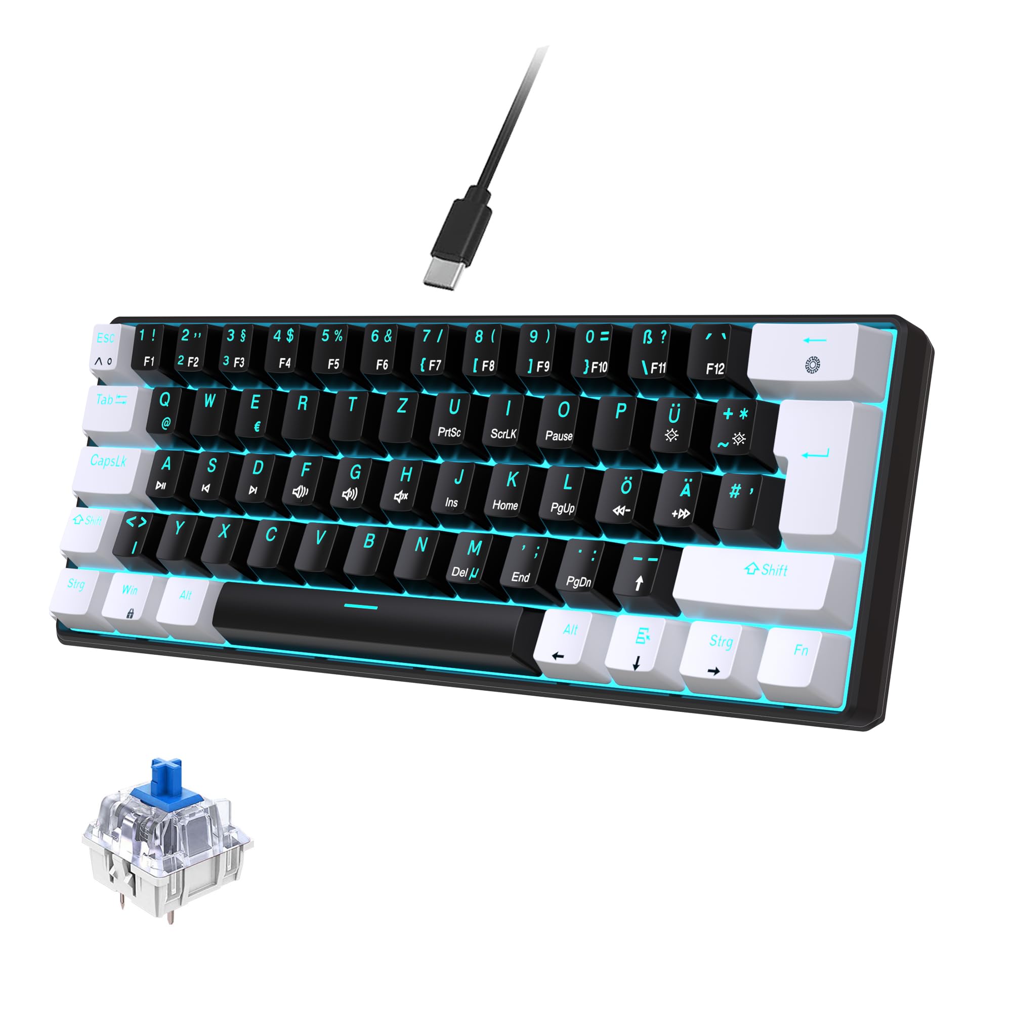 ELLOTECH Mechanische Gaming-Tastatur 60%, QWERTZ (DE Layout), 62 Tasten, Blaue Schalter, RGB/Blau LED-Beleuchtung, Kabelgebunden, Anti-Ghosting, Kompakt für Gaming – Schwarz/Weiß