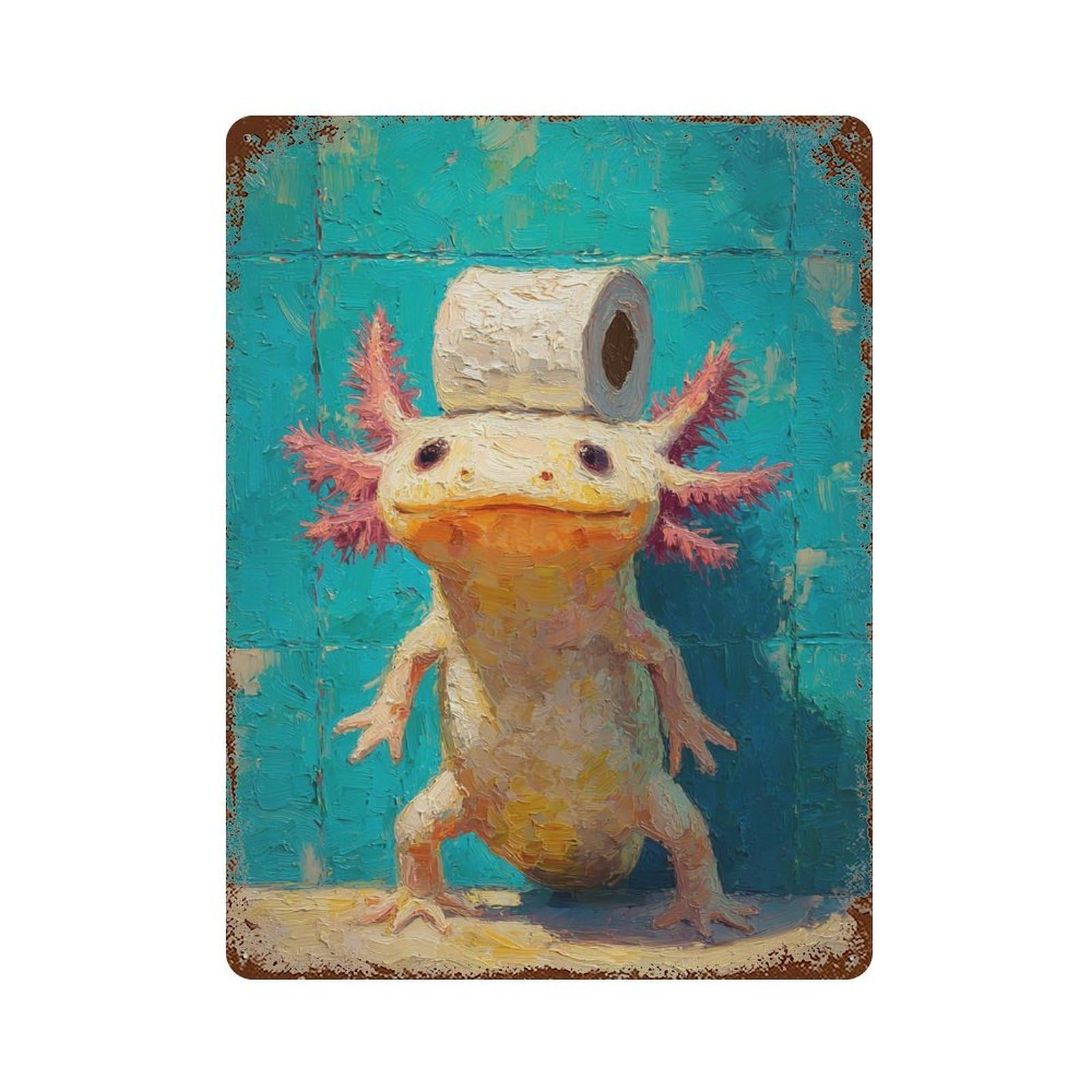 Axolotl with Toilet Paper Hat Rusty Metal Tin Sign 15.7"x11.8", Ideal for Office, Studio And Wall Decor