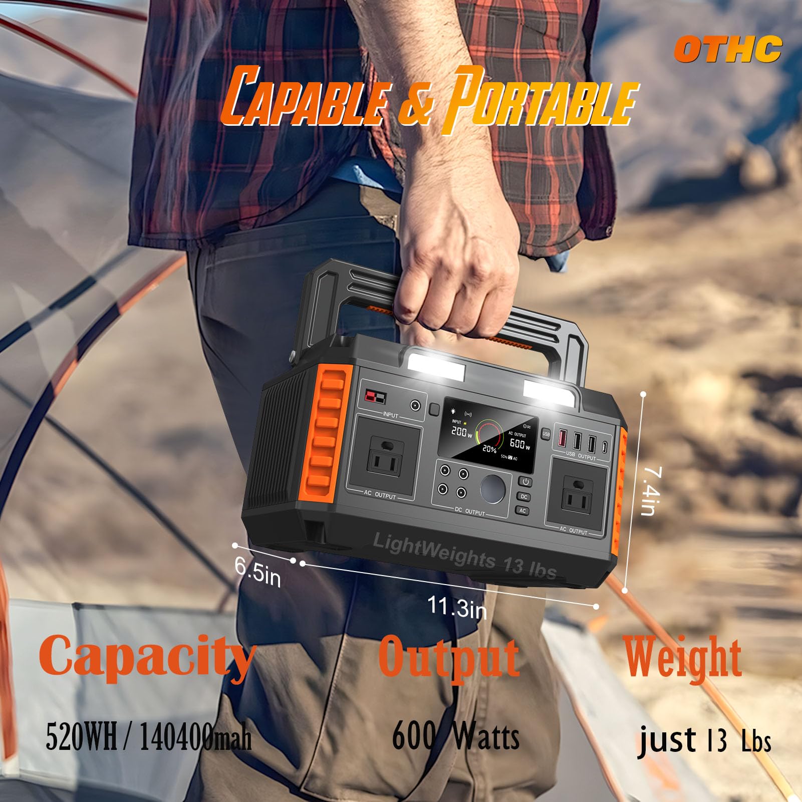 Portable Power Station 600W Output, 520Wh Capacity, 13 lbs, 4-Way Charging, Wireless Phone Charging, BMS Battery management system.