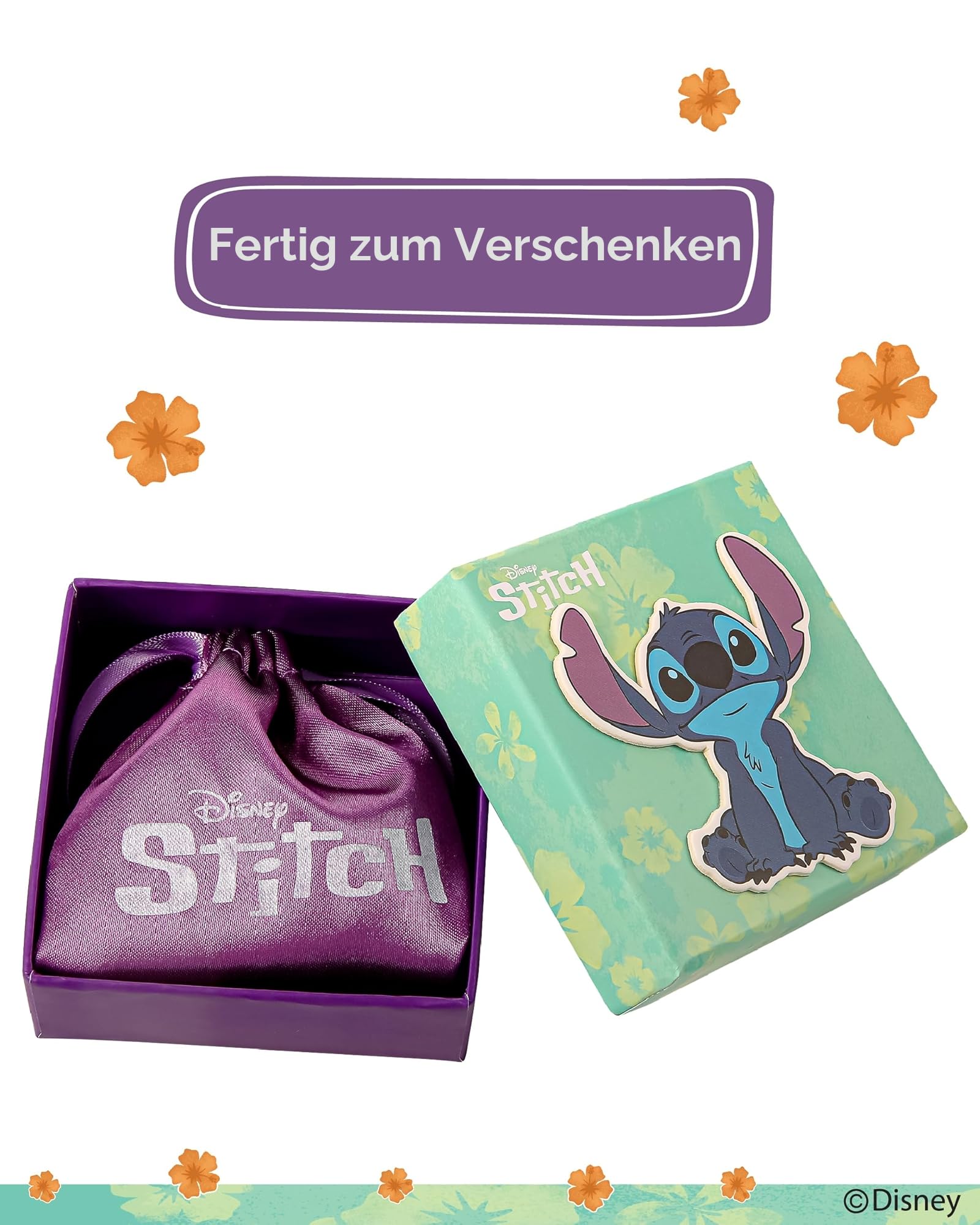 Disney Stitch und Hibiskusblüte Ohrringe (Creolen), aus versilbertem Messing mit farbiger Emaille, für Damen und Mädchen, Fertig zum Verschenken, Offizieller Disney Schmuck
