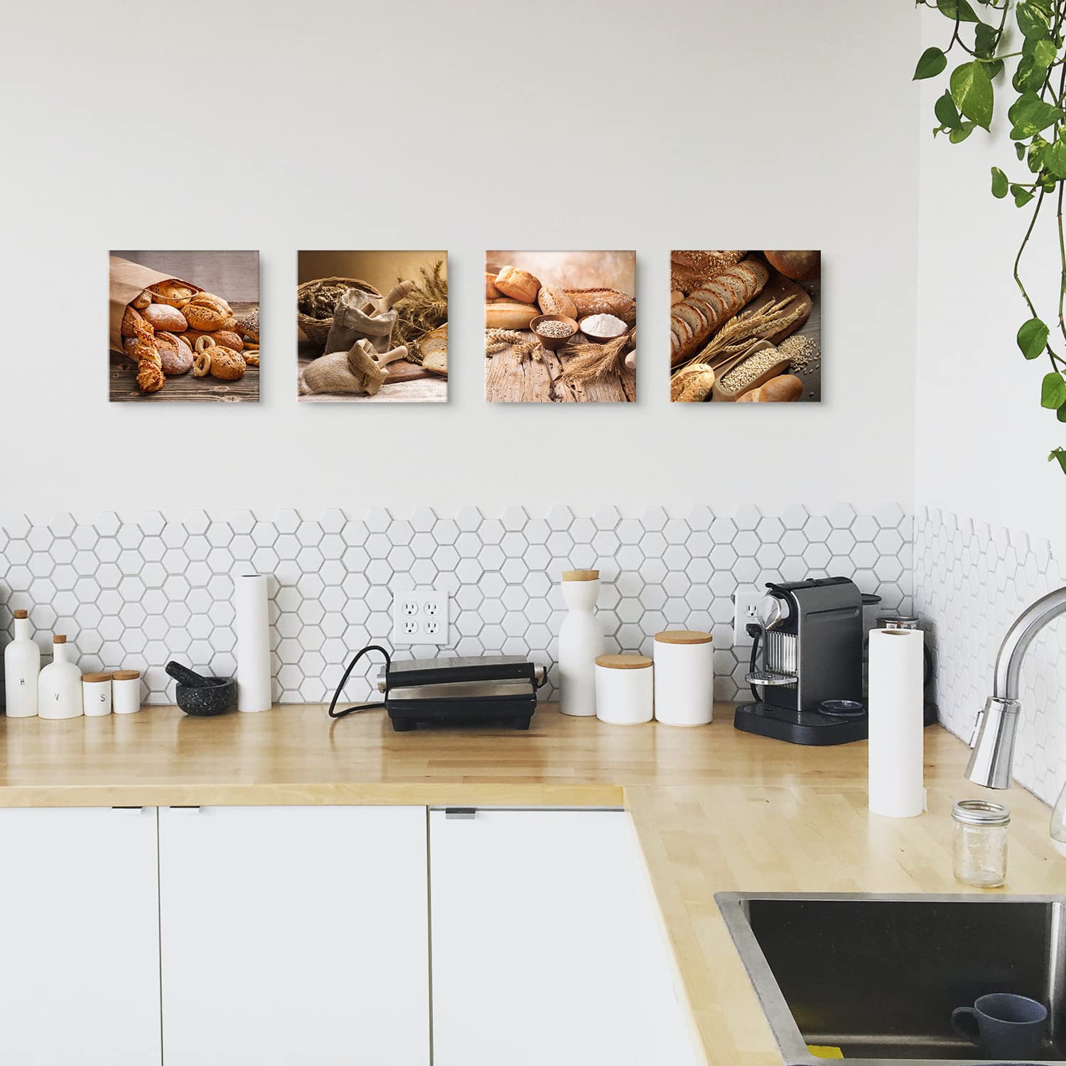 Wandbilder Küche Leinwand, 50x50cm je Motiv. Schöne braune Deko Bilder von Brot, Getreide, Backwaren. Für Küche, Esszimmer. Moderner Kunstdruck auf Leinwand. Aufhängefertig.