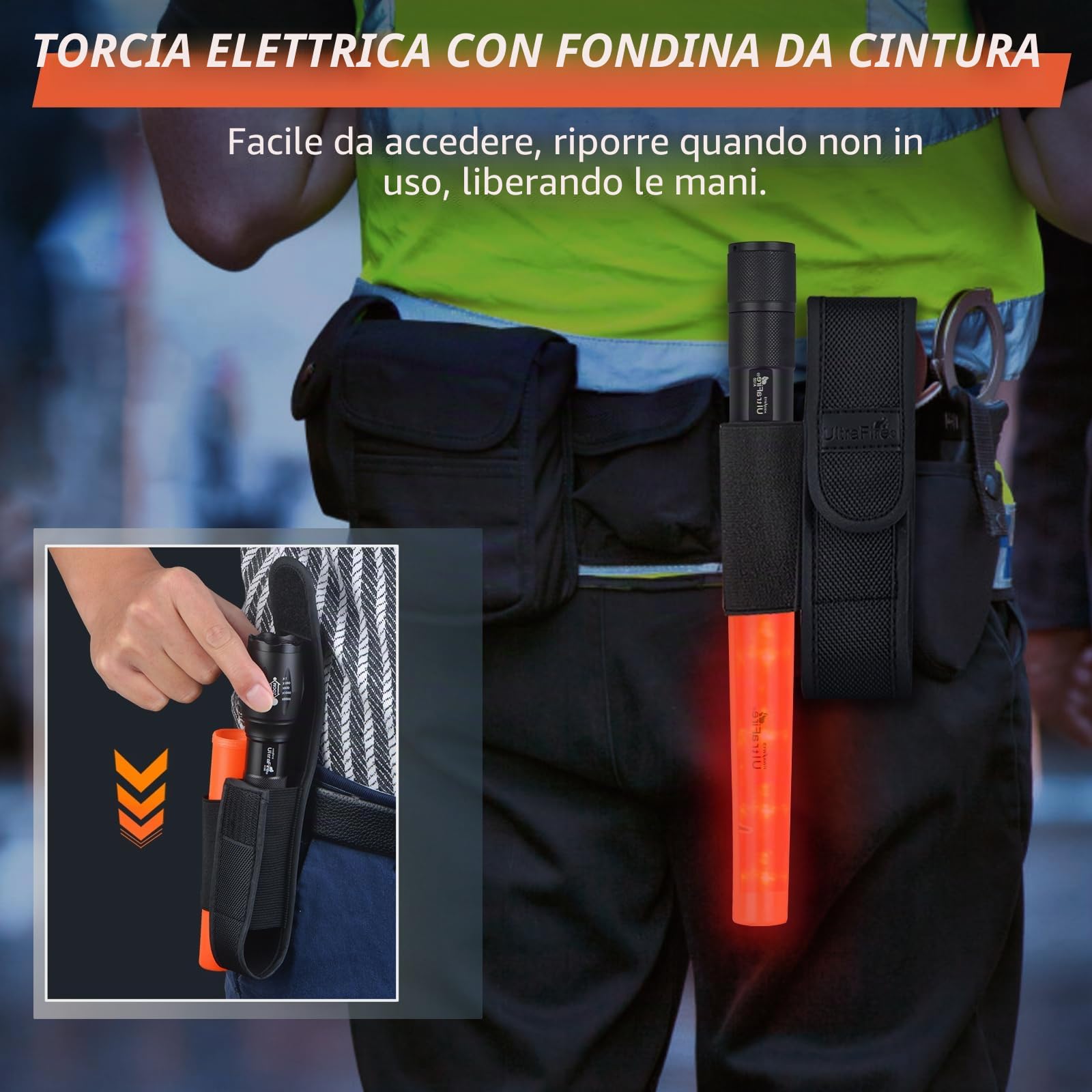UltraFire Torcia a LED con fondina, 1000 lumen, 5 modalità con lampeggiante rosso per il controllo del traffico, parcheggio, aeroporto, A100