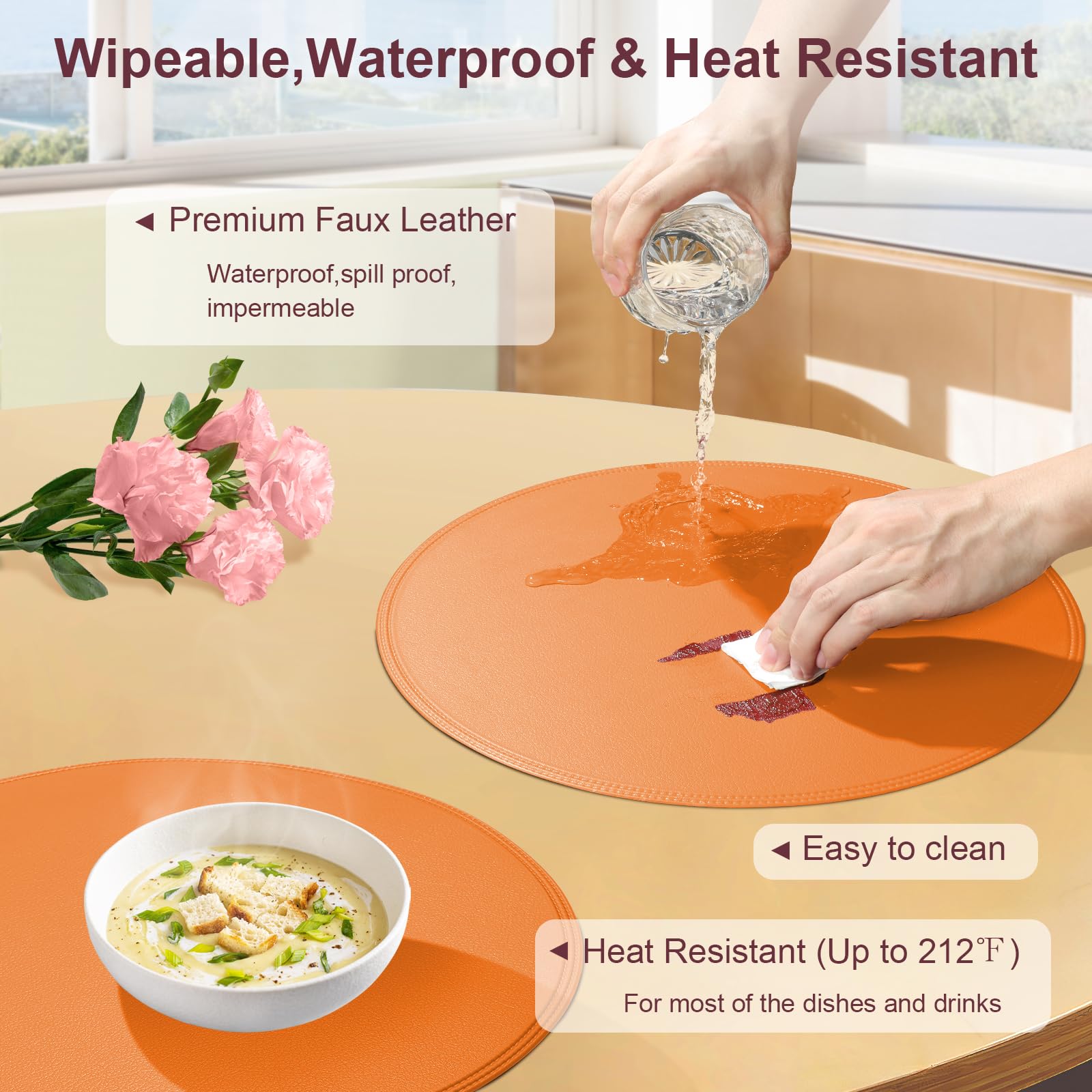 Rinpon PU Faux Leather Thick Wipeable Waterproof Round Placemats Set of 6, Vintage Cute Circle Place Mats Non-Slip Mats - Image 4