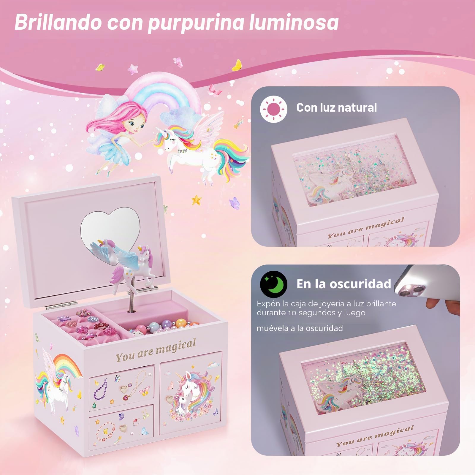 Lolalet Joyero de Madera para Niñas, Organizador de Joyería con Unicornio, Caja para Collar, Pendientes, Pulsera, Reloj, Pintalabios y Anillo - Rosa