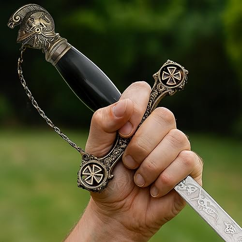 Miniatura 8 de SZCO Espada de caballero templario de 37 pulgadas, aspecto de espada real medieval con hoja de acero inoxidable grabada, protector y pompa de latón