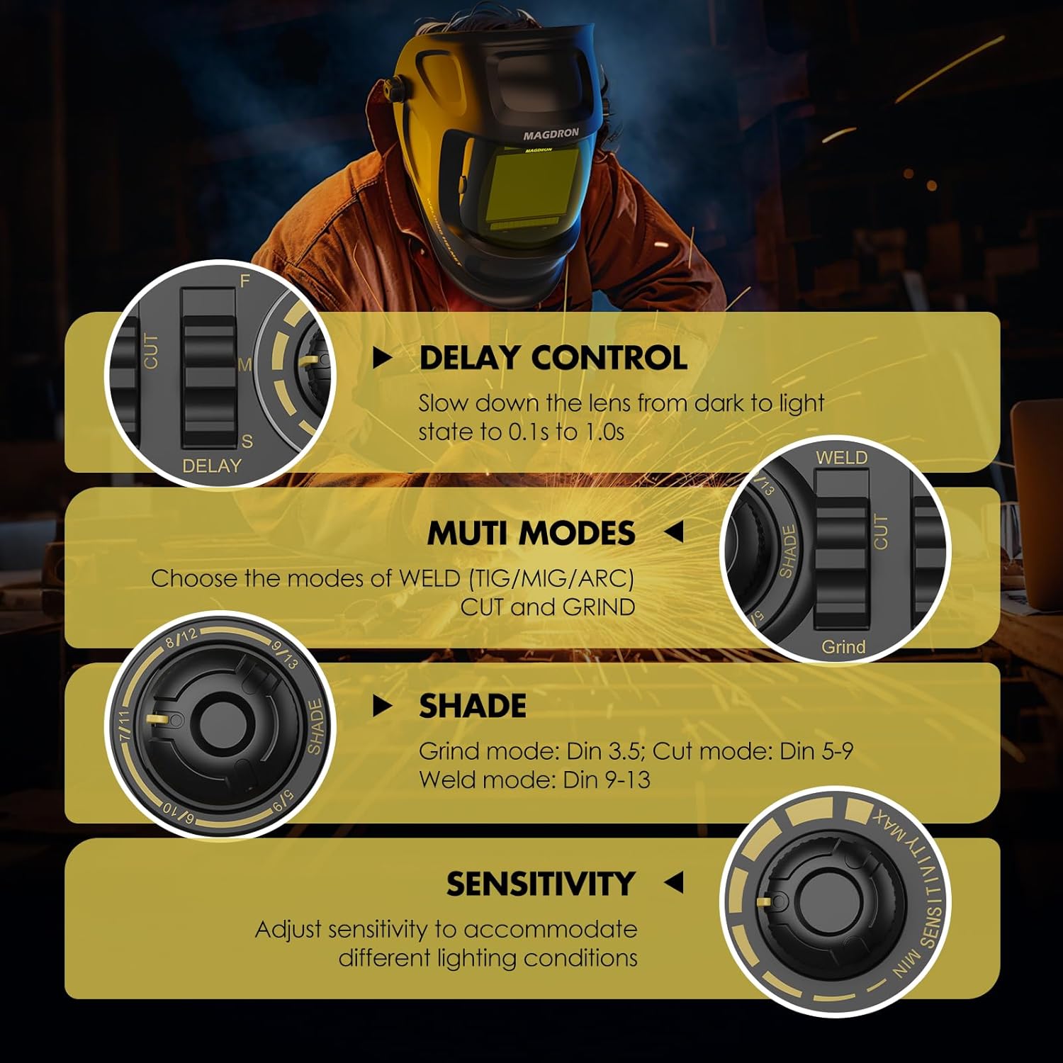 Auto Darkening Welding Helmet Large View 3.94" x 3.66", True Color Welding Hood Optical Clarity, 4 Arc Sensor Solar/Battery Powered, Wide Shade 3.5/5-9/9-13 Welder Mask for TIG MIG ARC Cut Grind - Image 8