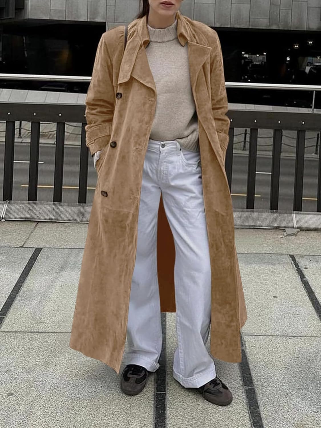 Tankaneo Womens Long Trench Coat Fall Faux Suede Jackets Double Breasted Lapel Pea Coat with Belt - Image 6