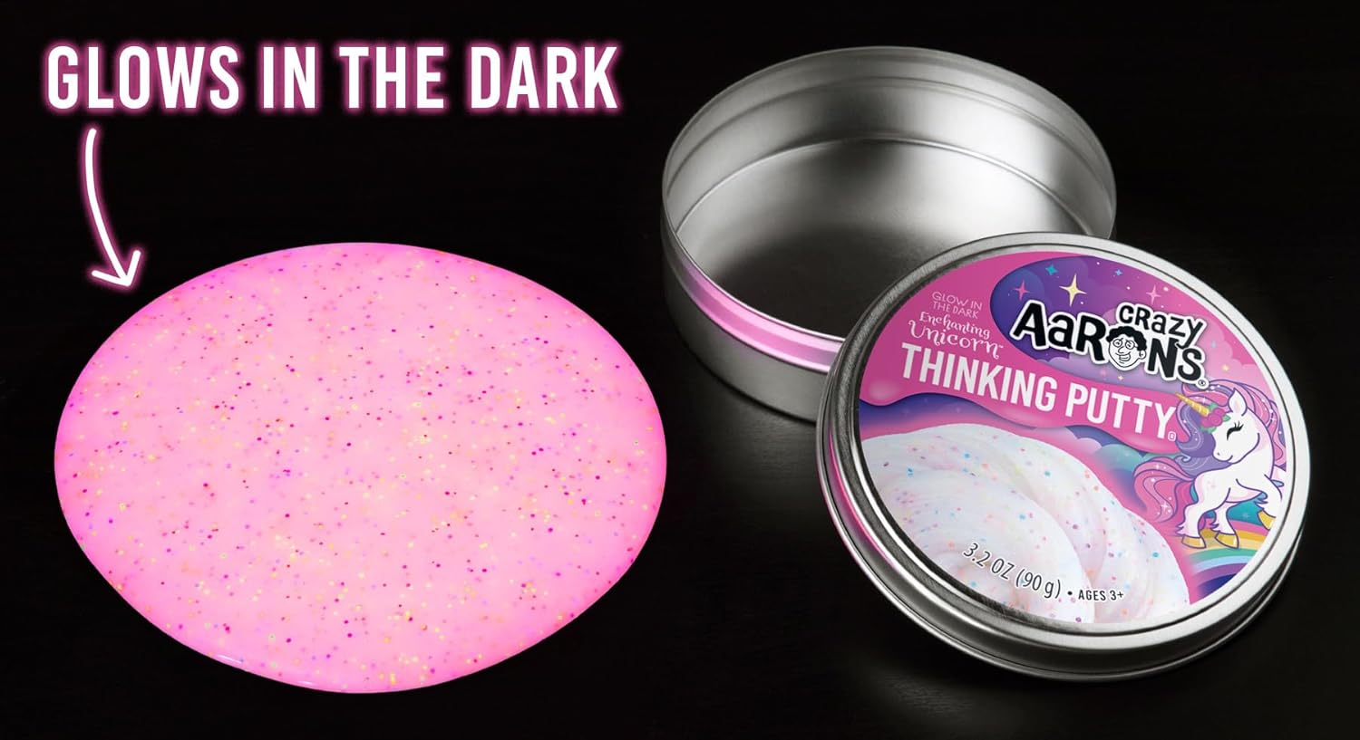 Crazy Aaron's Thinking Putty - Enchanting Unicorn Glow in The Dark Putty - Glows Pink with Rainbow Glitter - Non-Toxic, Never Dries Out - Made in USA