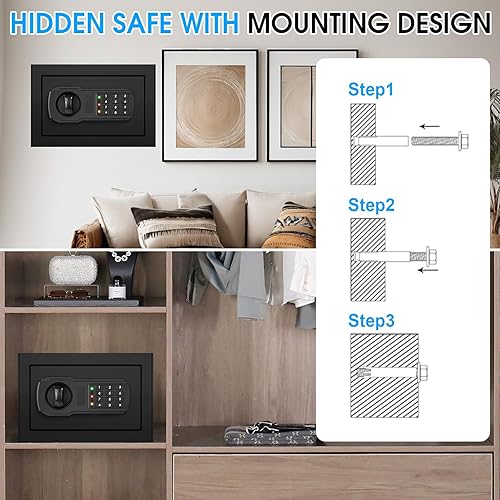 Miniatura 6 de Caja fuerte pequeña de 0.8 cúbicos para uso doméstico, caja de seguridad digital para el hogar con teclado programable, estante extraíble y llaves