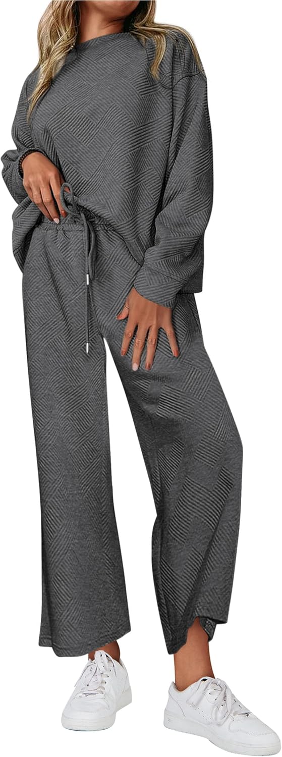 PRETTYGARDEN Womens 2025 Fall 2 Piece Outfits Long Sleeve Pullover Tops Wide Leg Pants Matching Lounge Sets Fashion Clothing