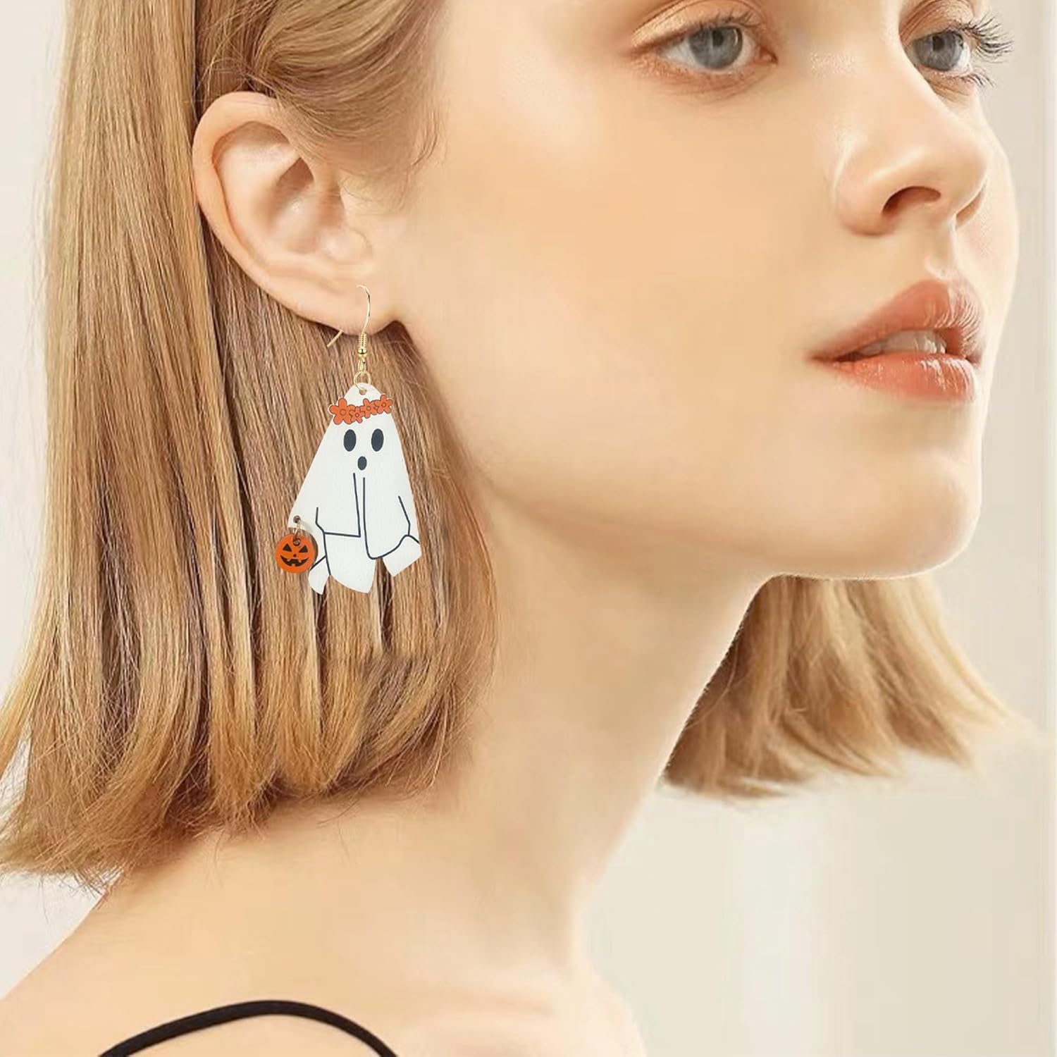 Halloween White Ghost Pumpkin Wreath Single-Sided Wooden Earrings Funny Spooky Seasonal Dangle Earrings for Women - Image 3