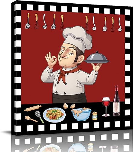 Savannan Lienzo artístico, decoración de cocina, diseño de chef de dibujos animados, comida gourmet, vino, negro, cuadros rojos, cuadrados,