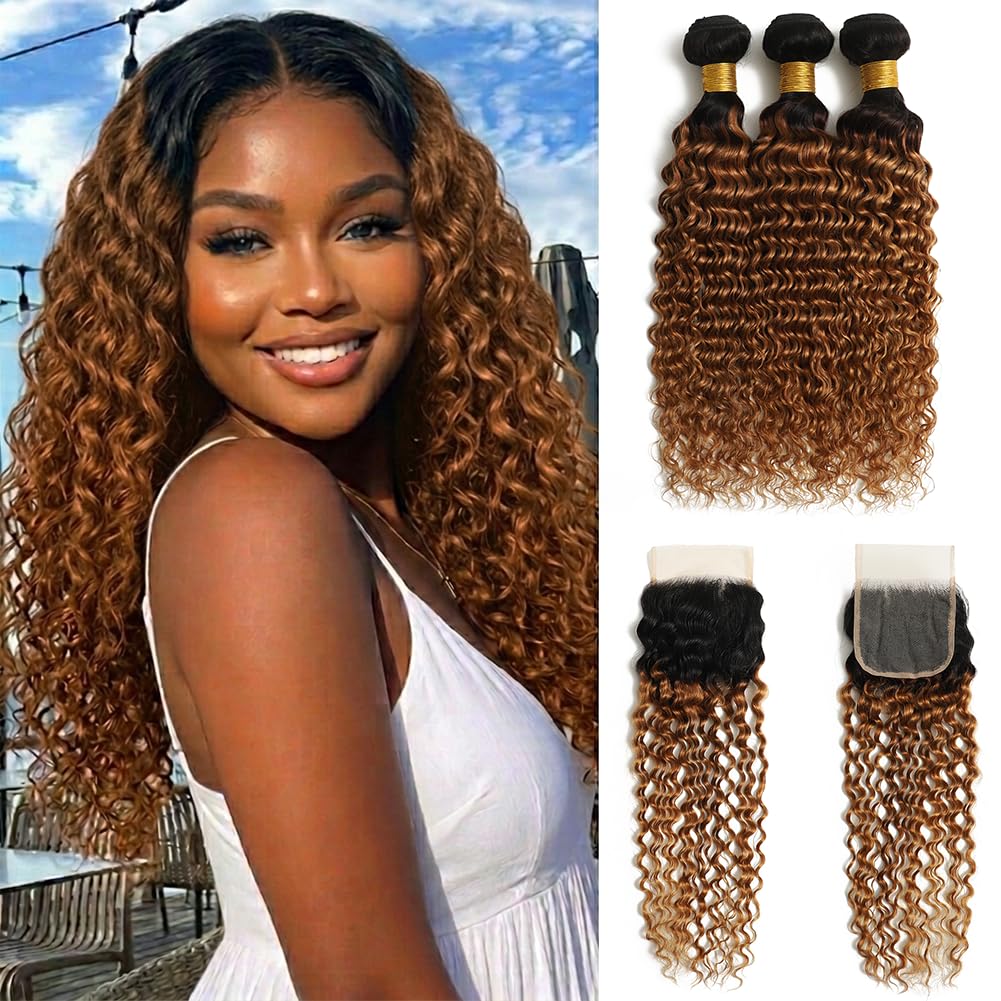 Ombre Deep Wave Bundles con cierre de pelo humano (35,6 cm, 40,6 cm, 45,7 cm, 45,7 cm, 30,5 cm, 30,5 cm, 30,5 cm, 30,5 cm, 30,5 cm, 30,5 cm, 30,5 cm, 30,5 cm, 30,5 cm)