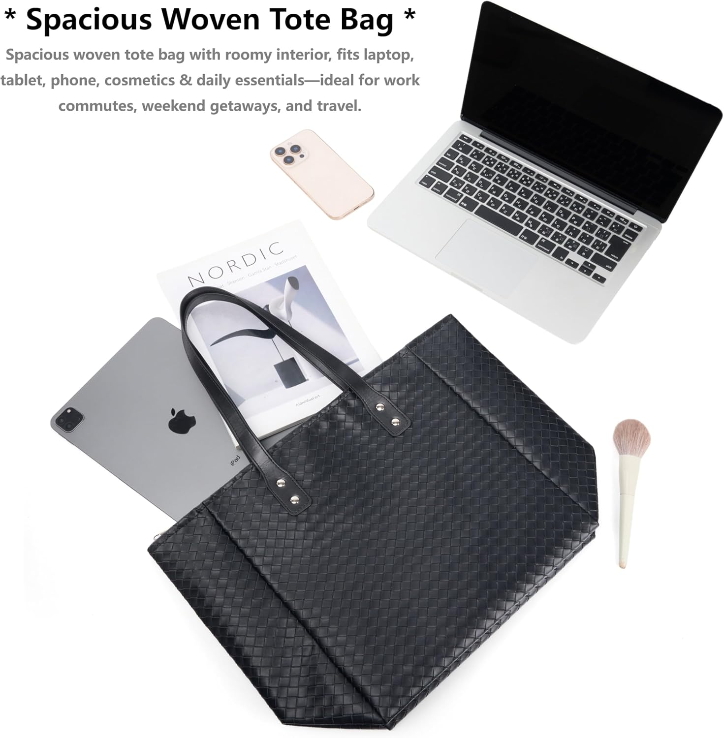 Women's Tote Bag - Vegan Woven Texture PU Leather Hobo Purse, Shoulder Handbag for Work, Travel - Image 5