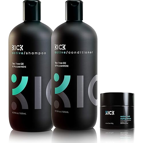 Kick Champú + acondicionador + crema de peinado para hombre – Paquete básico para hombre con picazón en el cuero cabelludo para caspa y