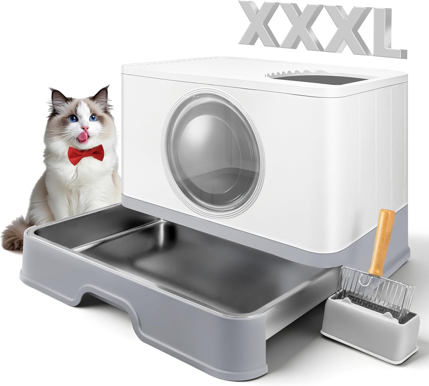 XXXL Stainless Steel Litter Box with Lid, Front Entry Top Exit, Extra Large Metal Cat Litter Box with 5 Pulleys, Maine Coon Cats, with Litter Scoop & Litter Mat, Anti-Odor, Anti-Leakage & Non-Stick Grey