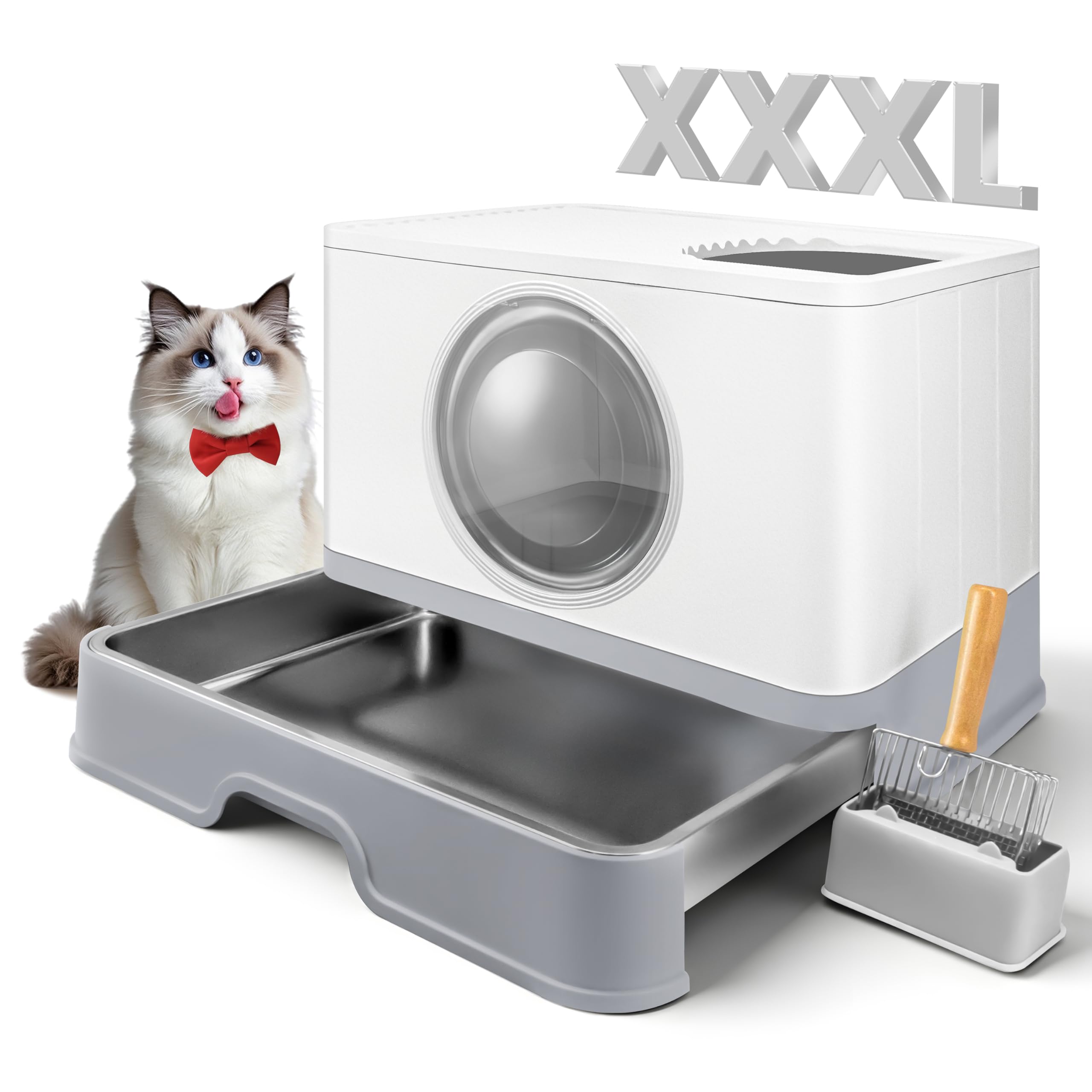 XXXL Stainless Steel Litter Box with Lid, Front Entry Top Exit, Extra Large Metal Cat Litter Box with Drawer, Maine Coon Cats, with Litter Scoop & Litter Mat, Anti-Odor, Anti-Leakage & Non-Stick