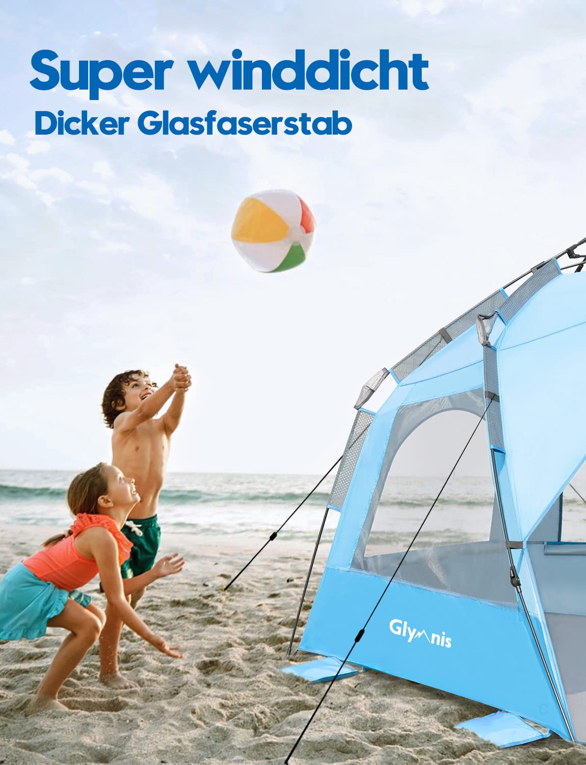 Glymnis Strandmuschel Quick Up Strandzelt Automatisches Strand Zelt UV-Schutz 50+ Windschutz Sonnenschutz mit Quick-Up System kleines Packmaß für 4-5 Personen