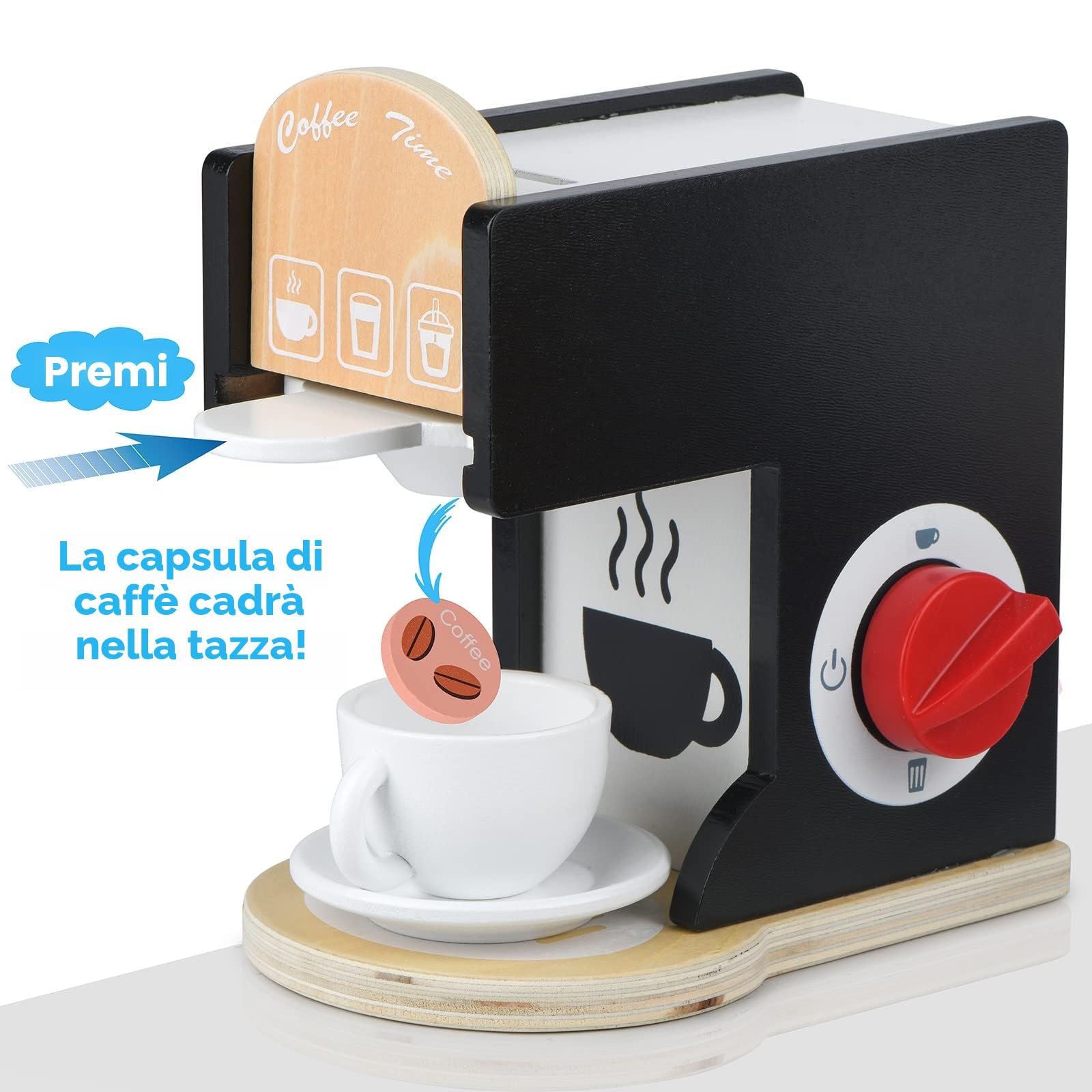 Accessori da cucina per bambini, in legno, macchina per caffè espresso, giocattolo per bambini, set da cucina per ragazze e ragazzi (Black)