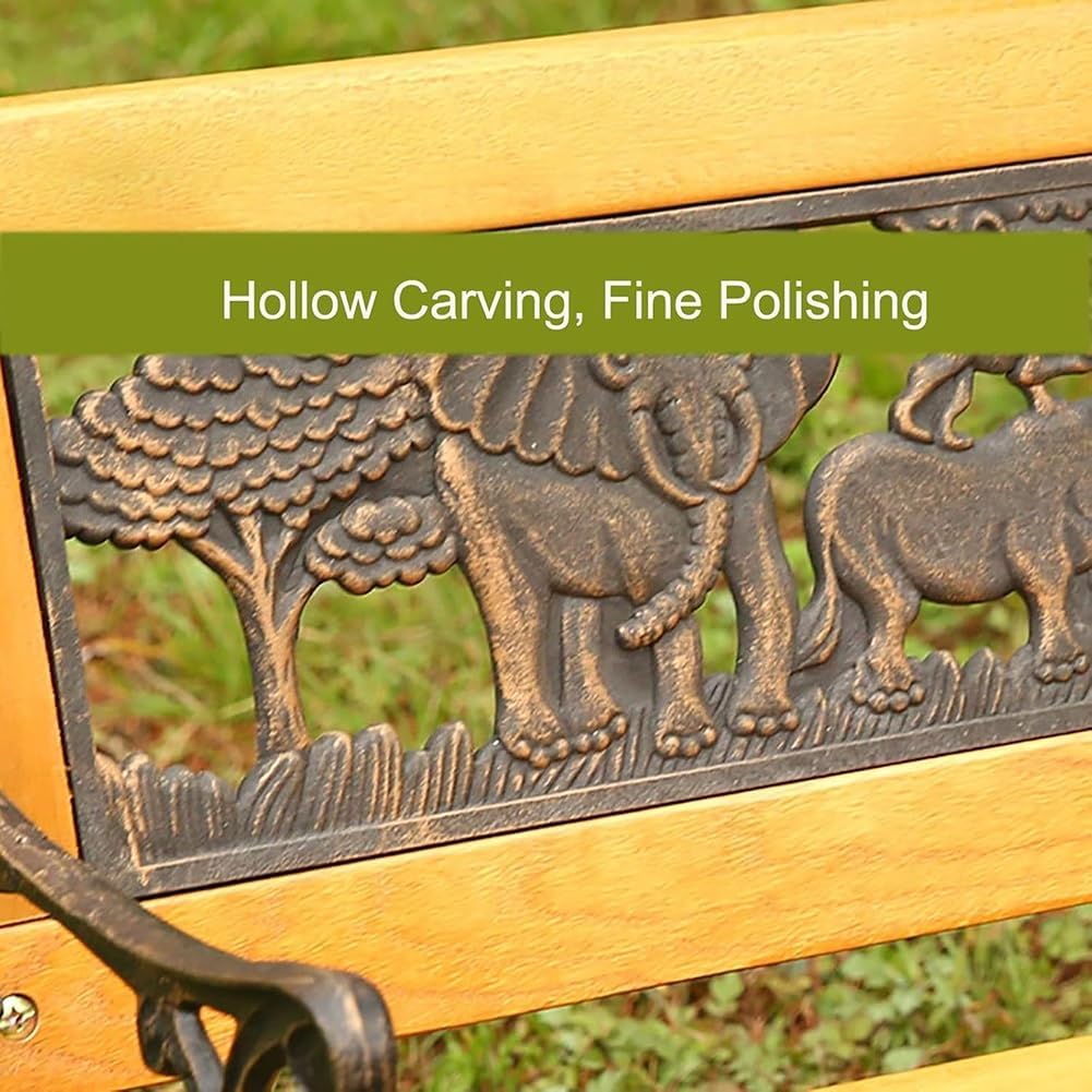 Rygcrud Kids Double Seater Garden Patio Benches with Animal Backrest, Wooden & Cast Iron Mini Sized Park Outdoor Bench, Villa Courtyard Decoration