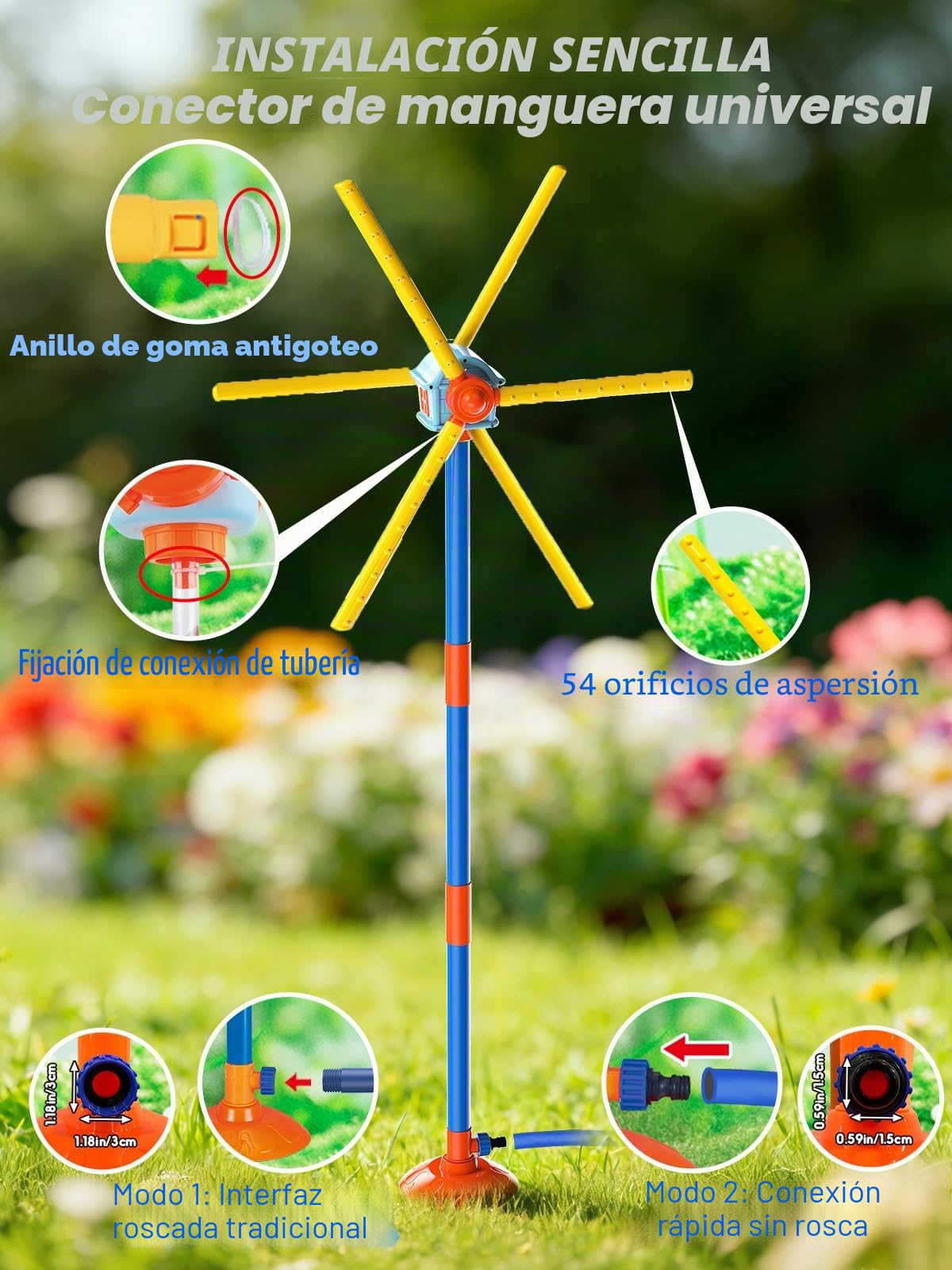 TERRAMUS Aspersor de agua con molinete de 59 pulgadas para niños, juguetes de verano, juguete de agua giratorio de 360°, doble cara mejorado con 6 aspas, juegos de jardín al aire libre, diversión de