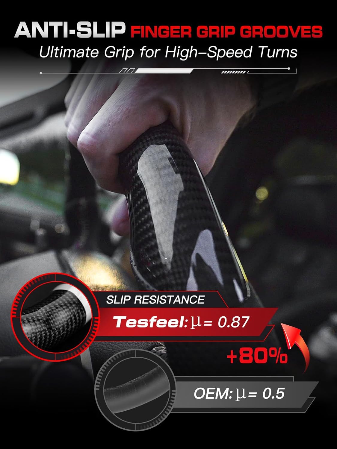 Real 3K Carbon Fiber Steering Wheel for Ford Mustang 2015-2017, D-Shape Flat Bottom with Matching Trim, White Stripe & Hand-Stitching, for EcoBoost/GT/V6/GT350/GT350R