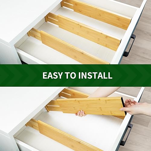 Miniatura 4 de VaeFae Paquete de 3 separadores de cajones de bambú, 4 pulgadas de alto ajustable 11.9-17.1 pulgadas, separadores expandibles para dormitorio, baño,