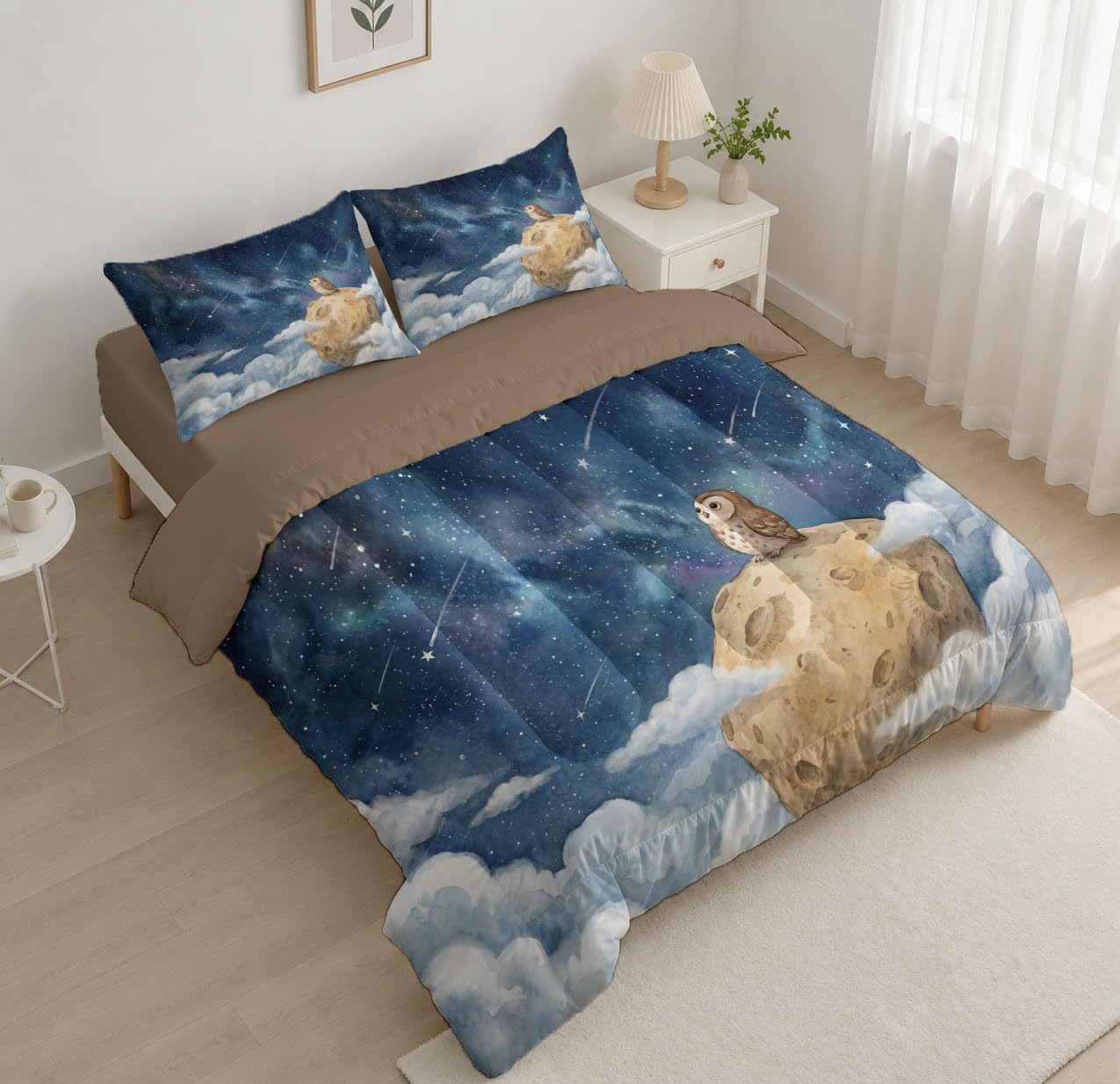 Cartoon Style Comforter Set King Size, Starry Owl Bedding Set for Girls Boys, Navy Blue Quilt Bed 104"X90" Bedding Comforter Sets with 2 Pillowcase Room Decor