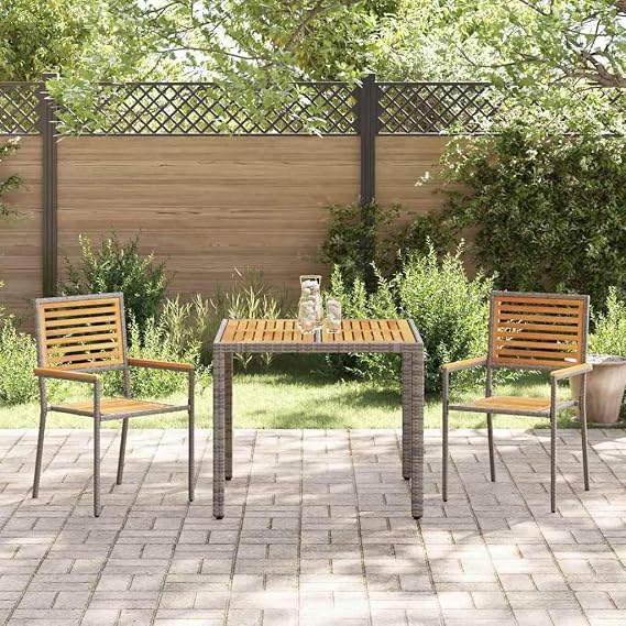 Modern Outdoor Garden Dining Set 3 pcs Grey Brown Poly Rattan Furniture for Patio Terrace