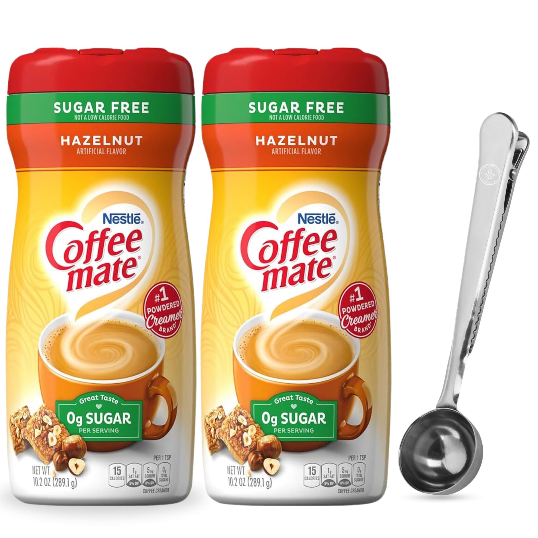Sugar-Free Hazelnut Coffee Creamer Powder, 10.2 oz Canister (2-Pack) – Non-Dairy, Gluten-Free – Includes Direct Coffee Tea Est 2019 Spoon with Clip