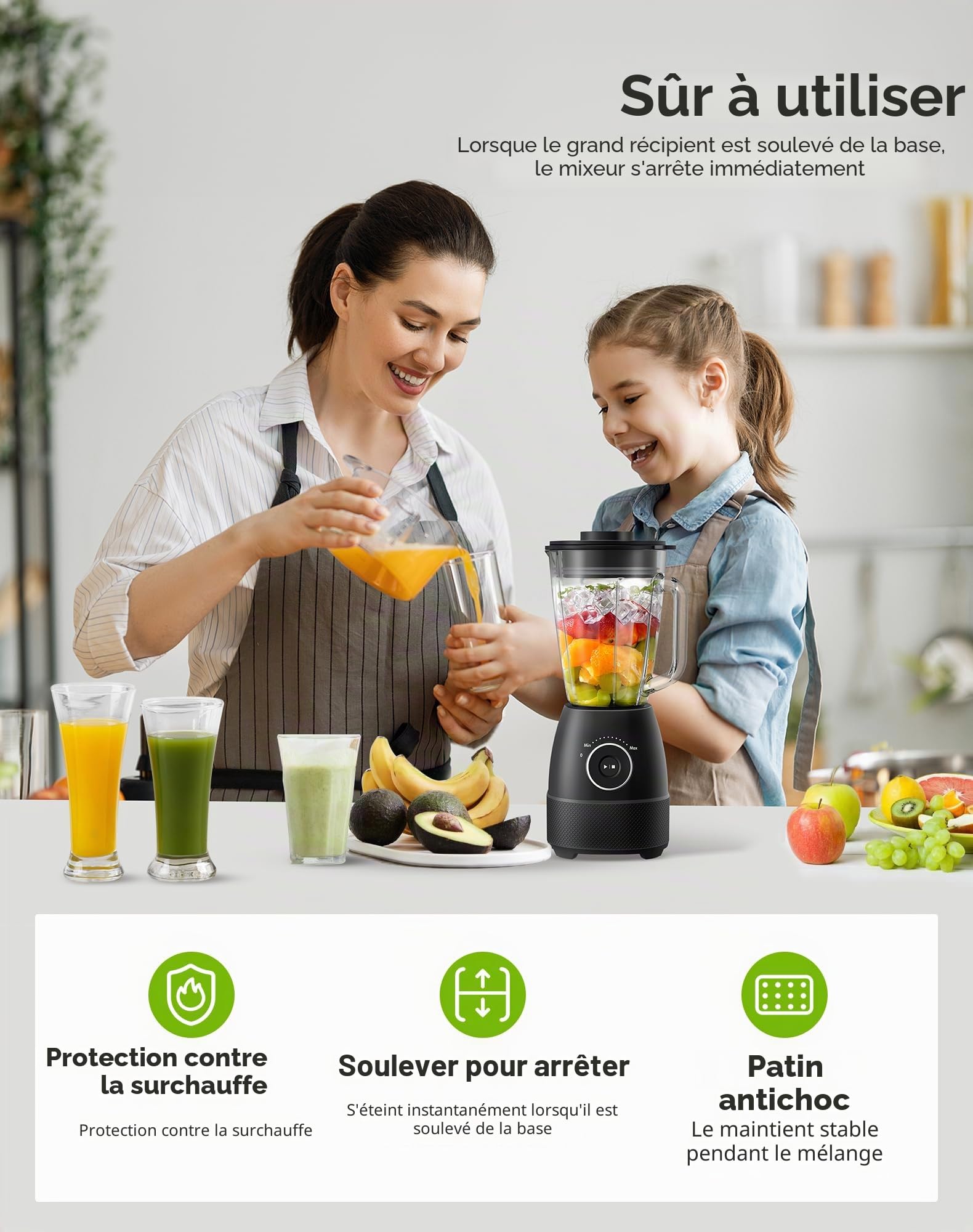 Blender Mixeur, 1500W Blender Smoothie 24000 tours/min, 12 Vitesse ajustable, 6 Lames en acier Inox avec Bol en verre 1,5L /bouteille de sport de 600 ml sans BPA Utilisation & Nettoyage facile