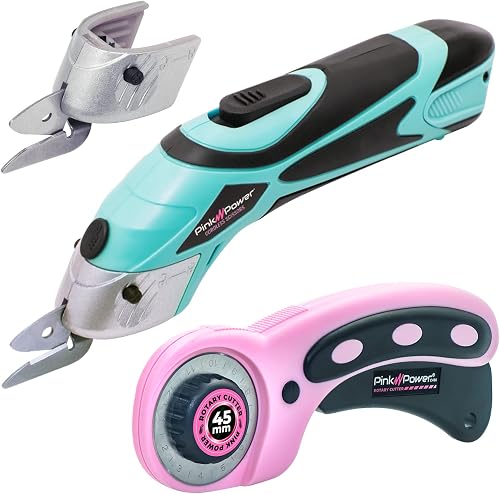 Pink Power Electric Fabric Scissors for Crafts, Sewing, Cardboard, Carpet & Scrapbooking - Heavy Duty Cutting Tool, Automatic Cordless Electric Scissors Fabric Cutter & Rotary Cutter Set (Aqua Splash