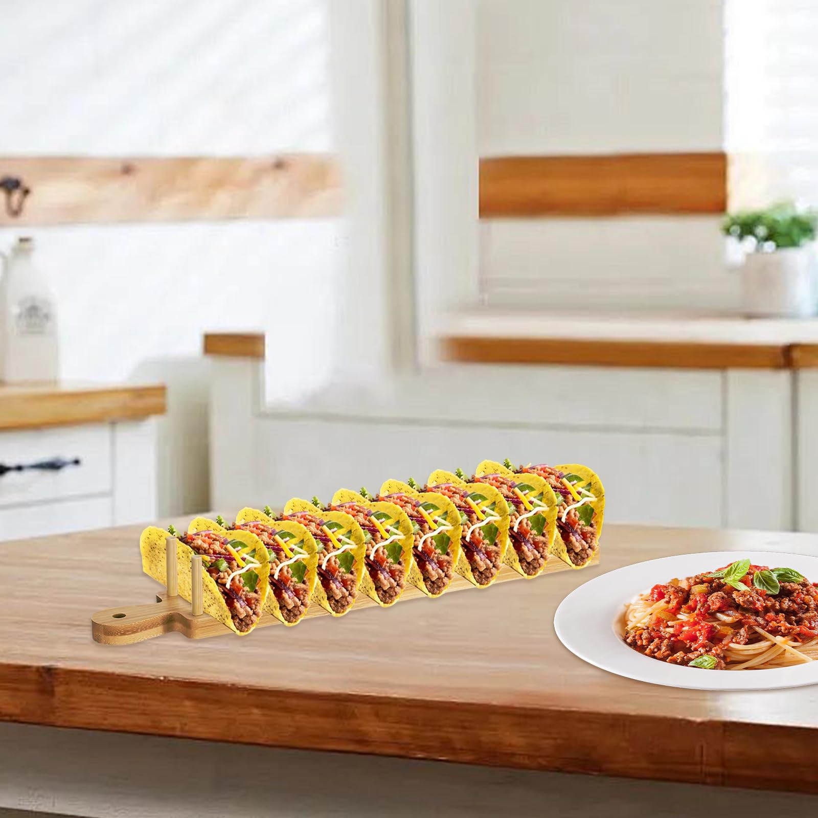 2 Pezzi Supporti Taco in Legno, Porta Tacos, Vassoio per Tacos, Vassoio per Burritos, Struttura Robusta 8 Posti, 2 Pinze Incluse, per Tortillas, Hot Dog, Panini, Torte e Pane