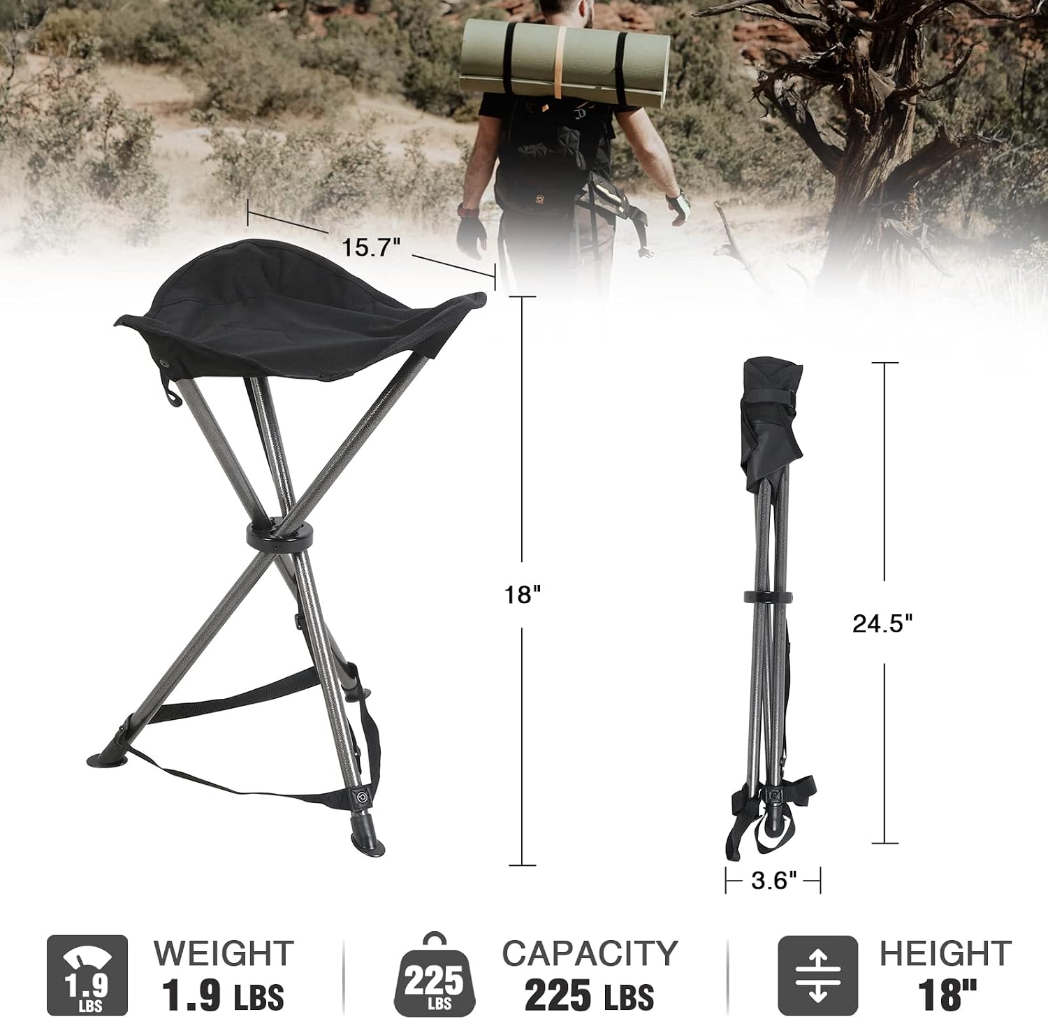 PORTAL Compact Folding Tripod Stool, 3 Legs Slacker Chair, Portable Tripod Chair for Camping Outdoor Hiking Hunting Fishing Picnic Travel Beach BBQ Garden Lawn, Supports 225 lbs, Black