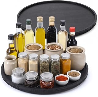 2 Pcs 20'' Wood Lazy Susan for Countertop Acacia Large Turntable Rotating Serving Tray for Table Top Non Skid Kitchen Tray Revolving Condiment Spice Rack Table Organization Storage, Black
