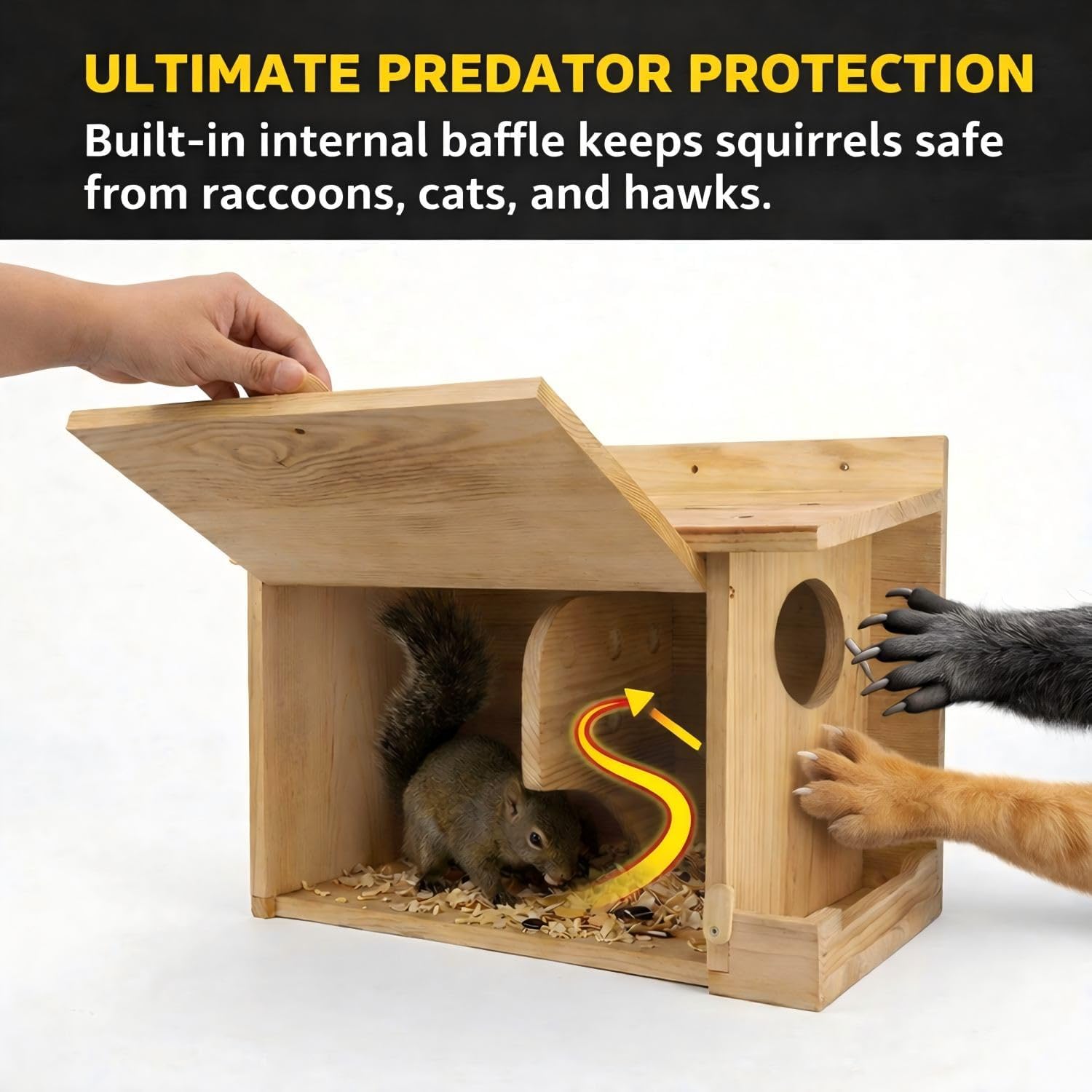 Extra Large Squirrel House (15.7 inches), Anti-Predation Squirrel Nest Box, with Squirrel Feeder, Carbonized Cedar Wood Outdoor Squirrel House, Solid Wood Backyard Wildlife Shelter